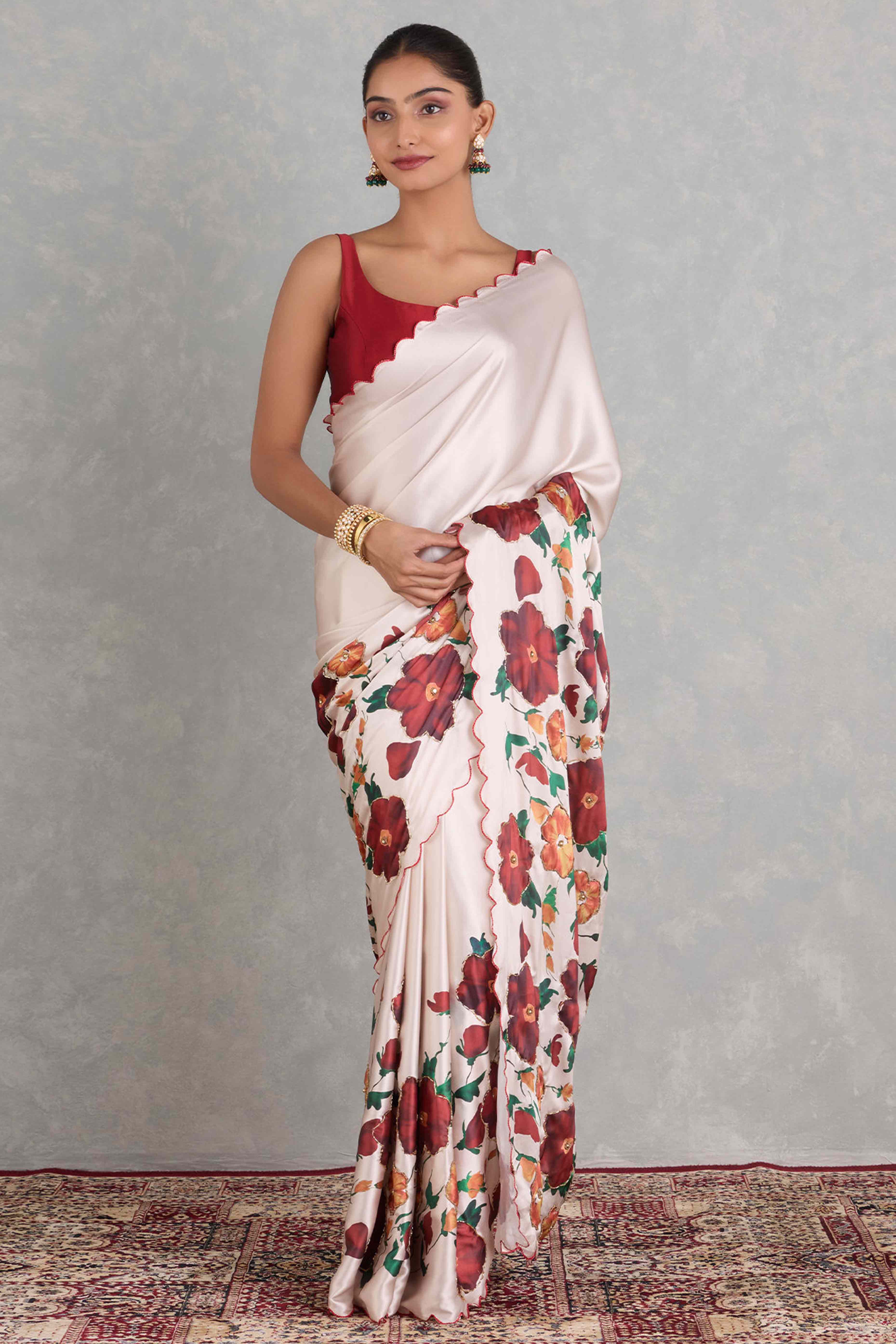 Off White Saree with Floral Prints on Soft Japan Satin