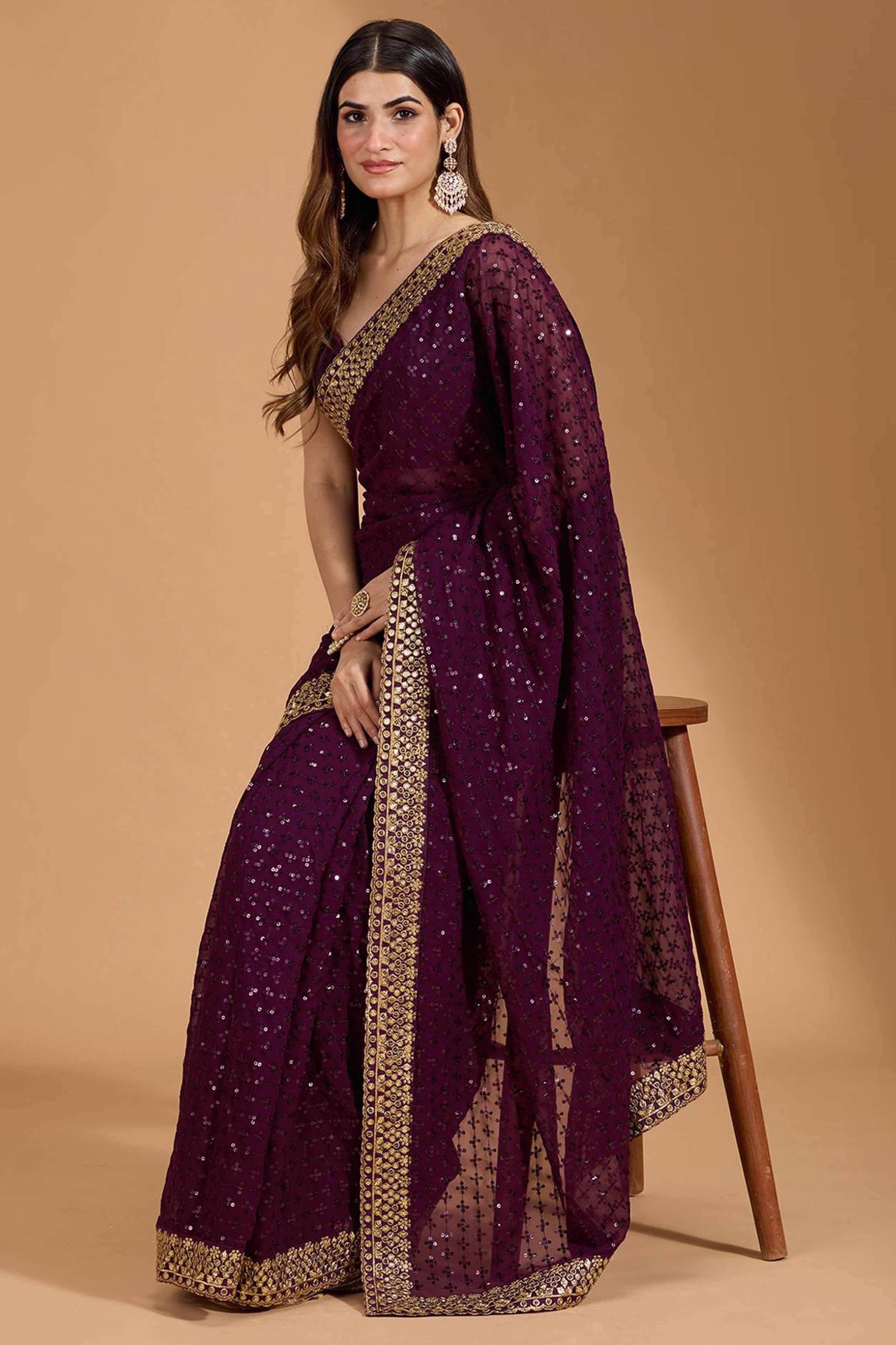 Wine Georgette Saree Accentuated with Elegant Sequin Embellishments