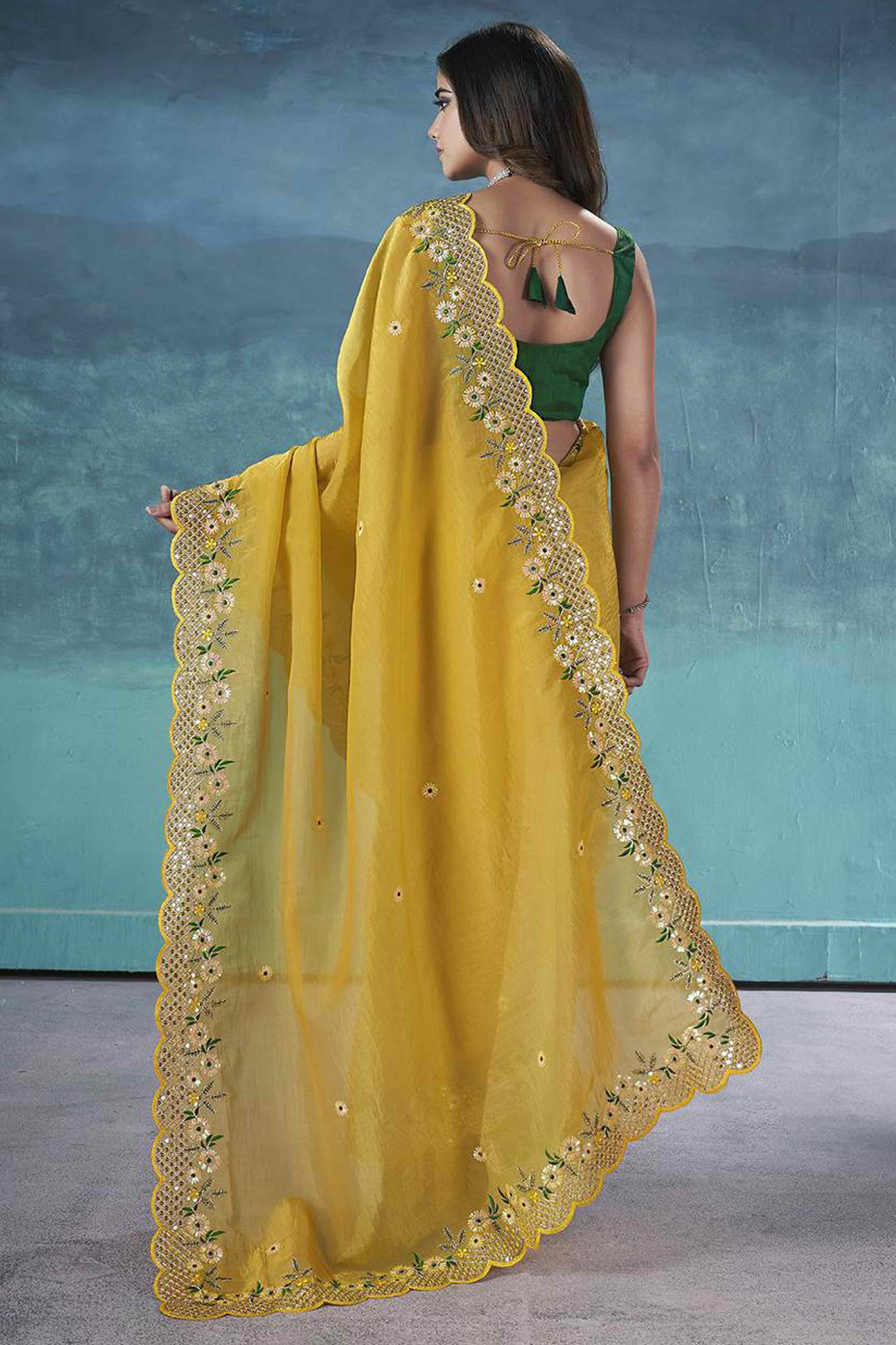 Mustard Organza Saree with Embroidery on the Edges for a Graceful Contemporary Look