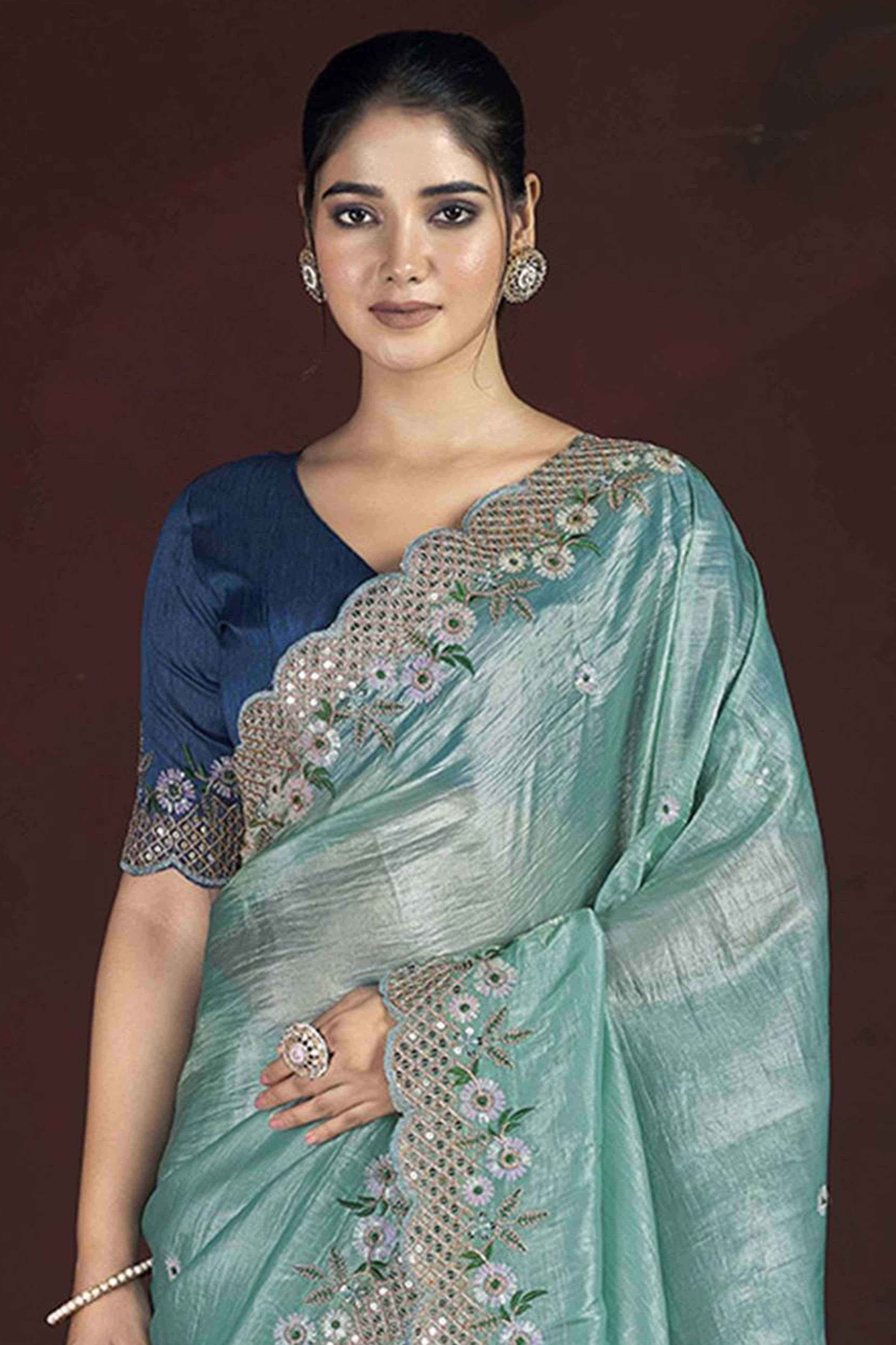 Sky Blue Organza Saree with Embroidery on the Edges for a Graceful Contemporary Look