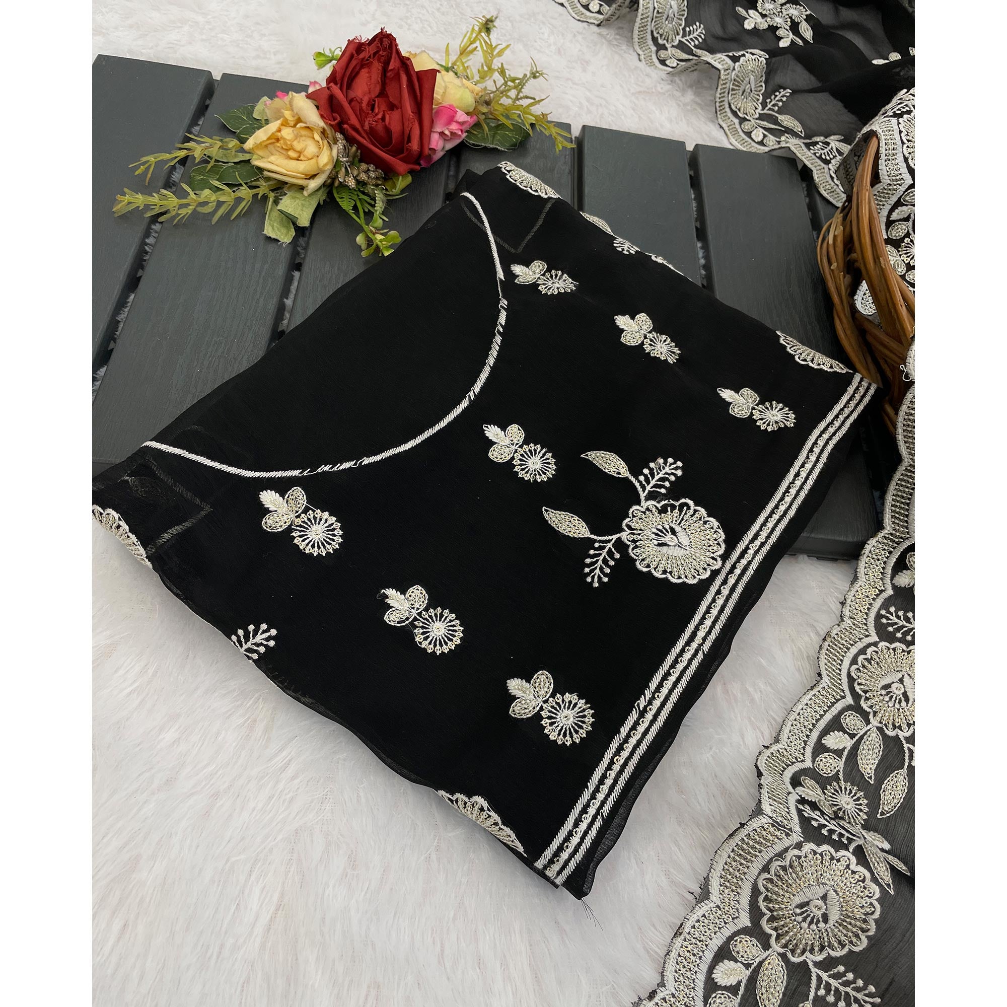Black Shimmer Silk Saree with Graceful Floral Embroidery