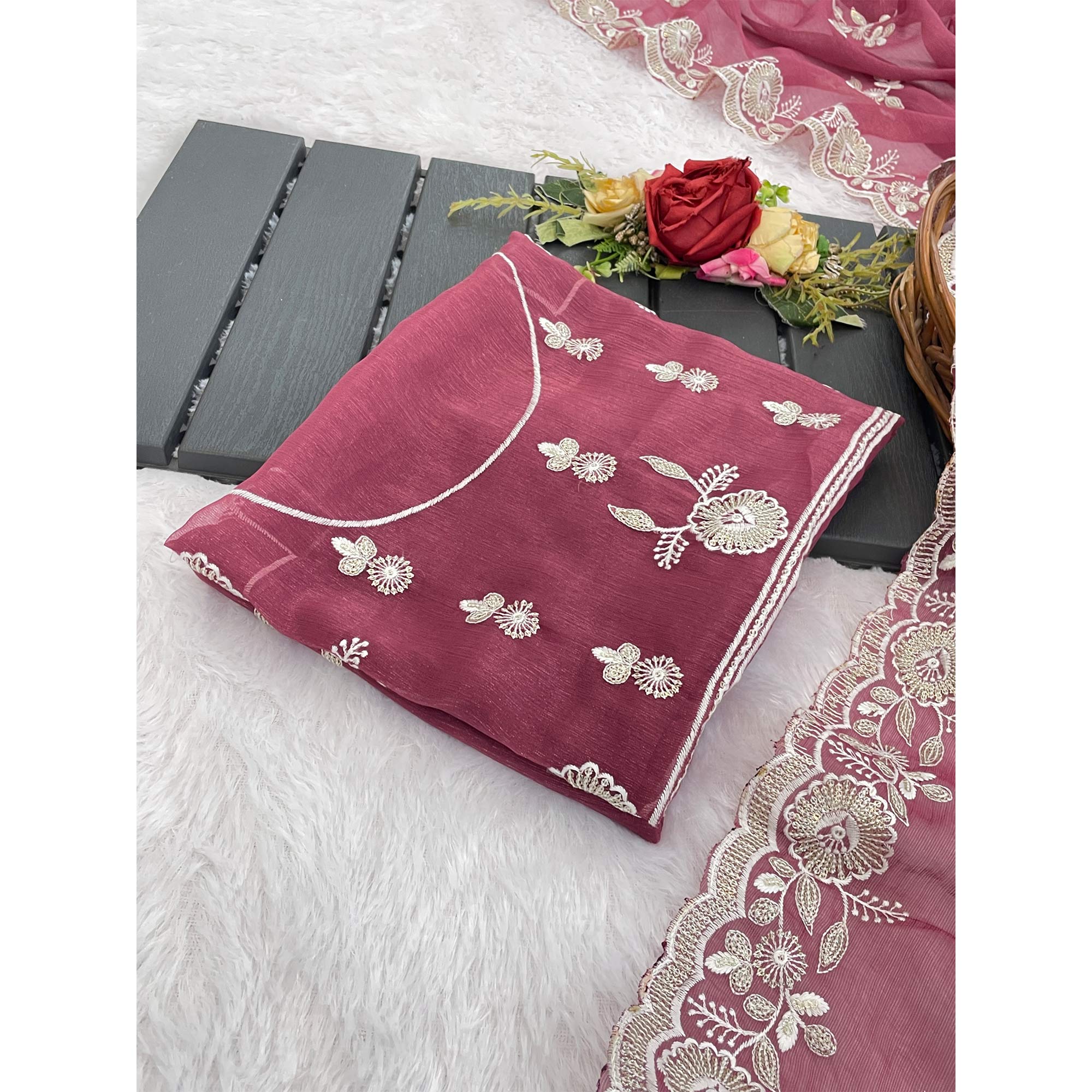 Pink Shimmer Silk Saree with Graceful Floral Embroidery