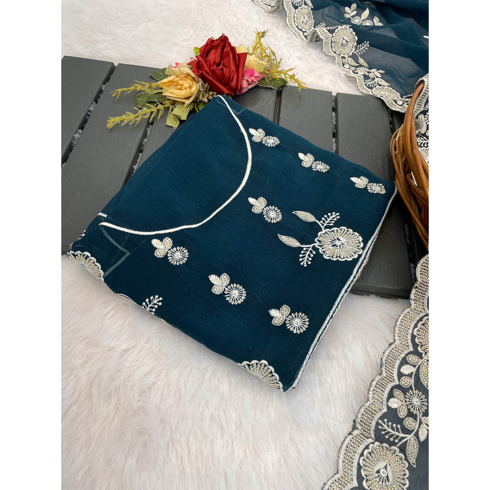 Teal Shimmer Silk Saree with Graceful Floral Embroidery