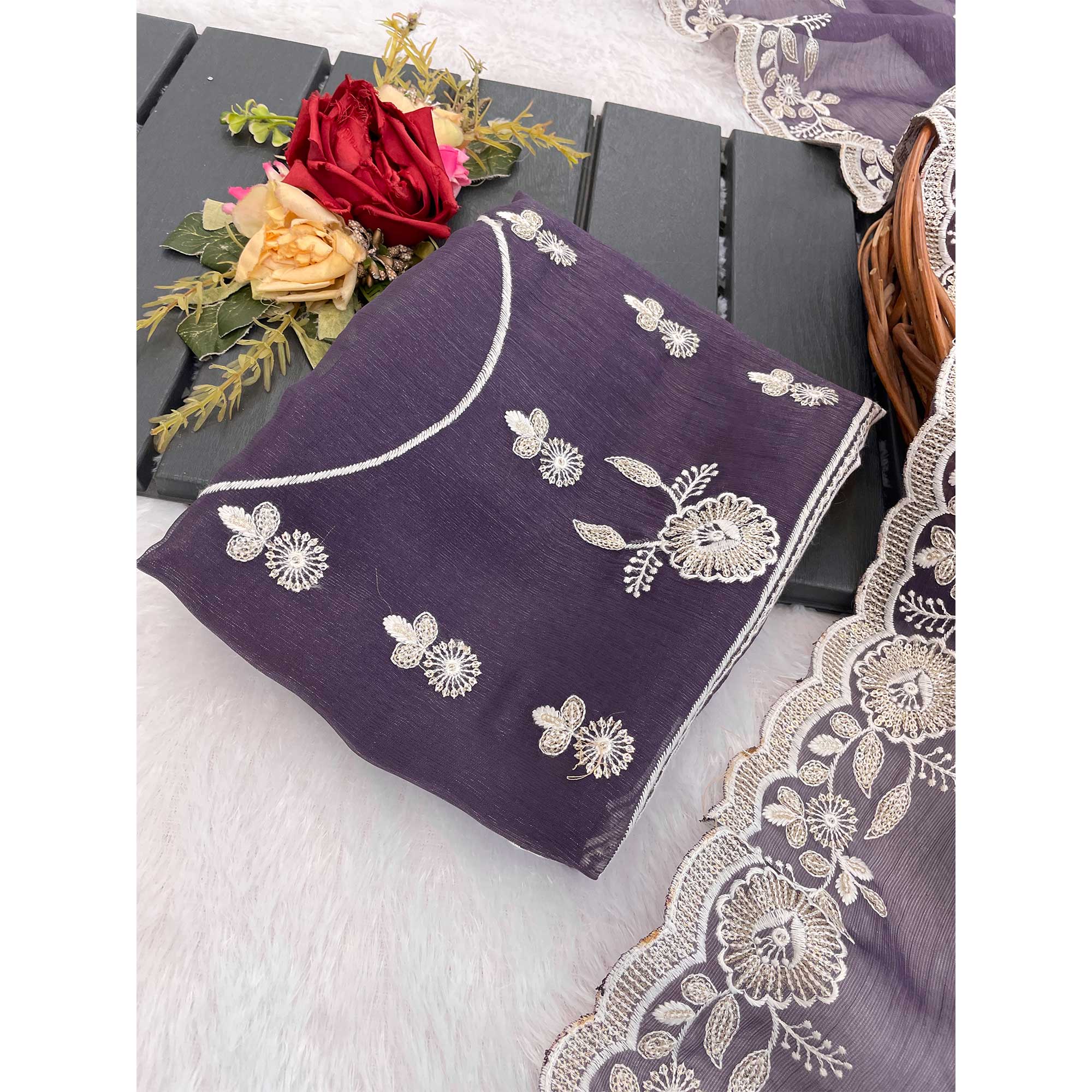 Violet Shimmer Silk Saree with Graceful Floral Embroidery