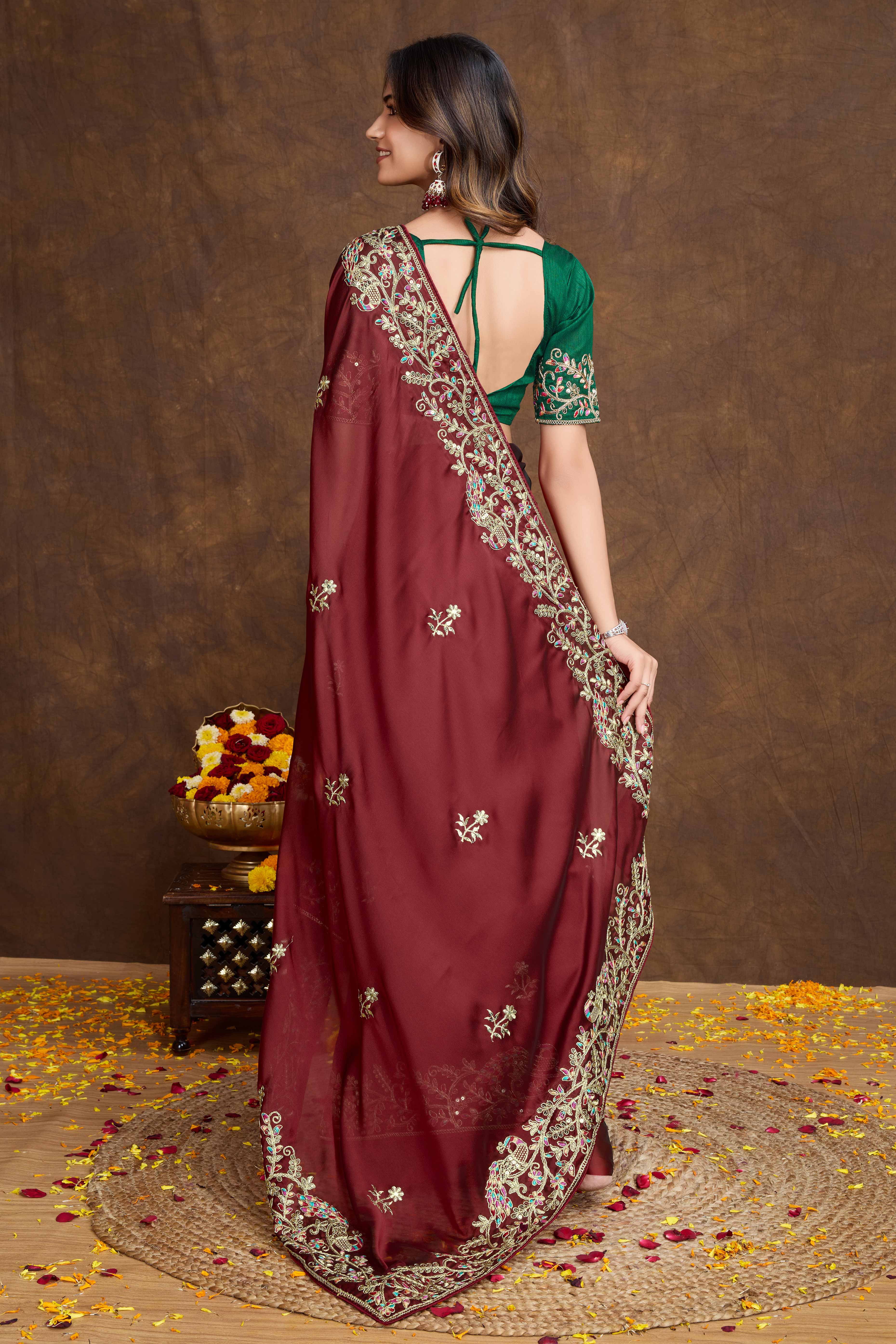 Designer Rich Maroon Silk Blend Saree with Heavy Golden Thread Embroidery