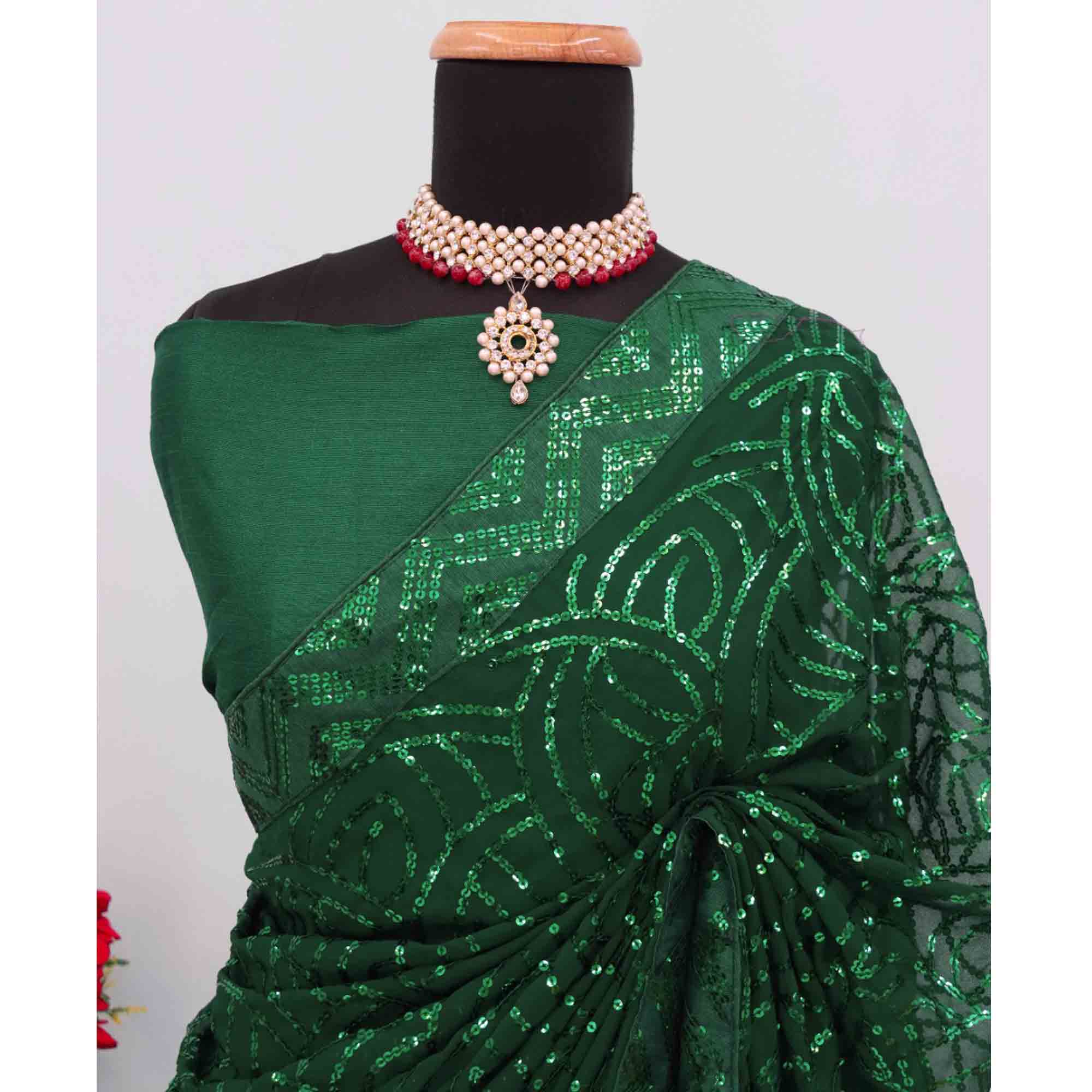 Green Georgette Saree with Dazzling Sequin Embellishment