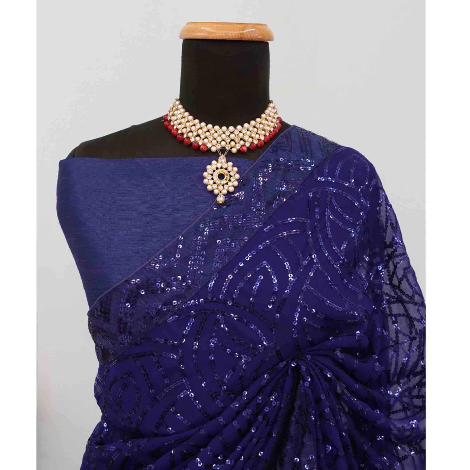 Navy Blue Georgette Saree with Dazzling Sequin Embellishment