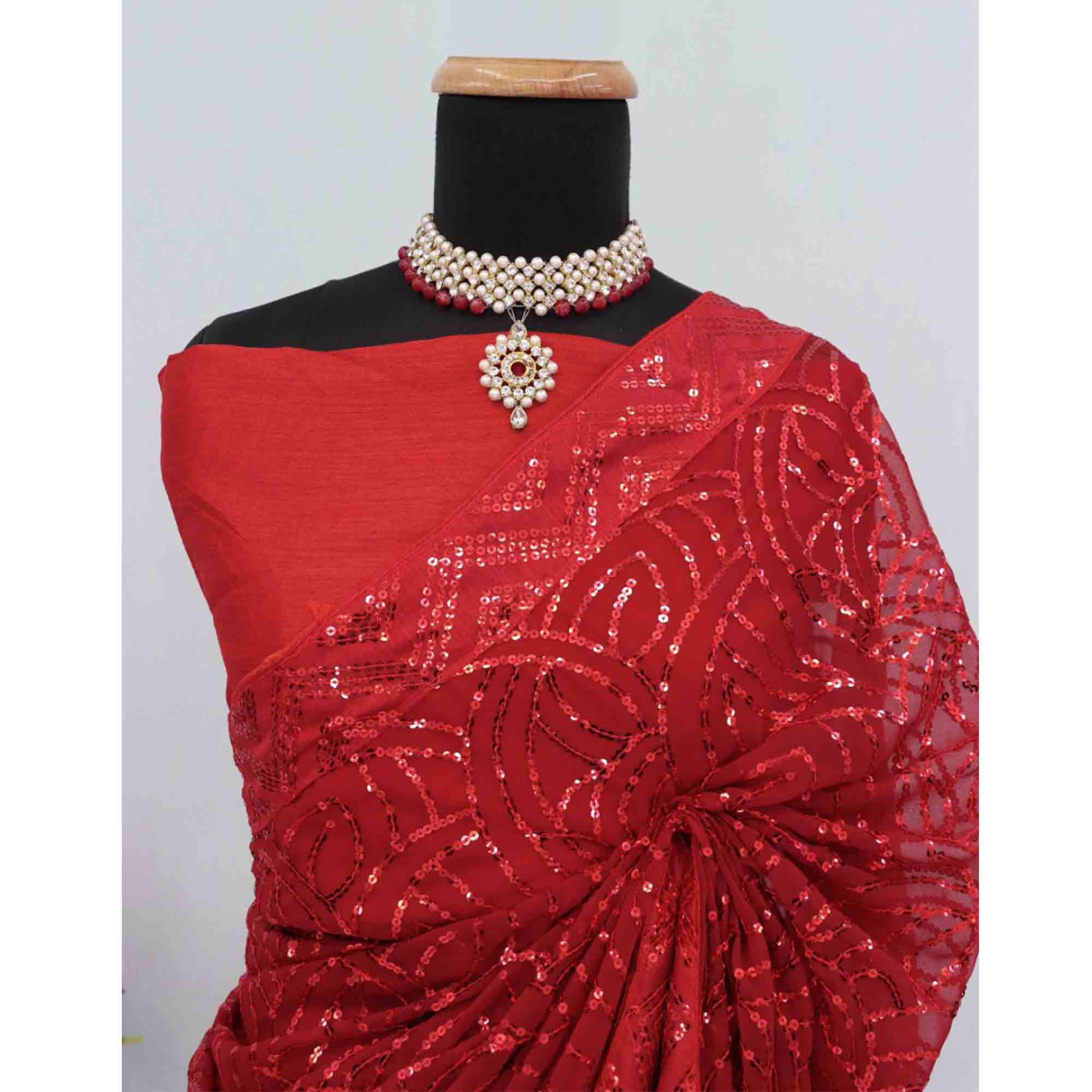 Red Georgette Saree with Dazzling Sequin Embellishment