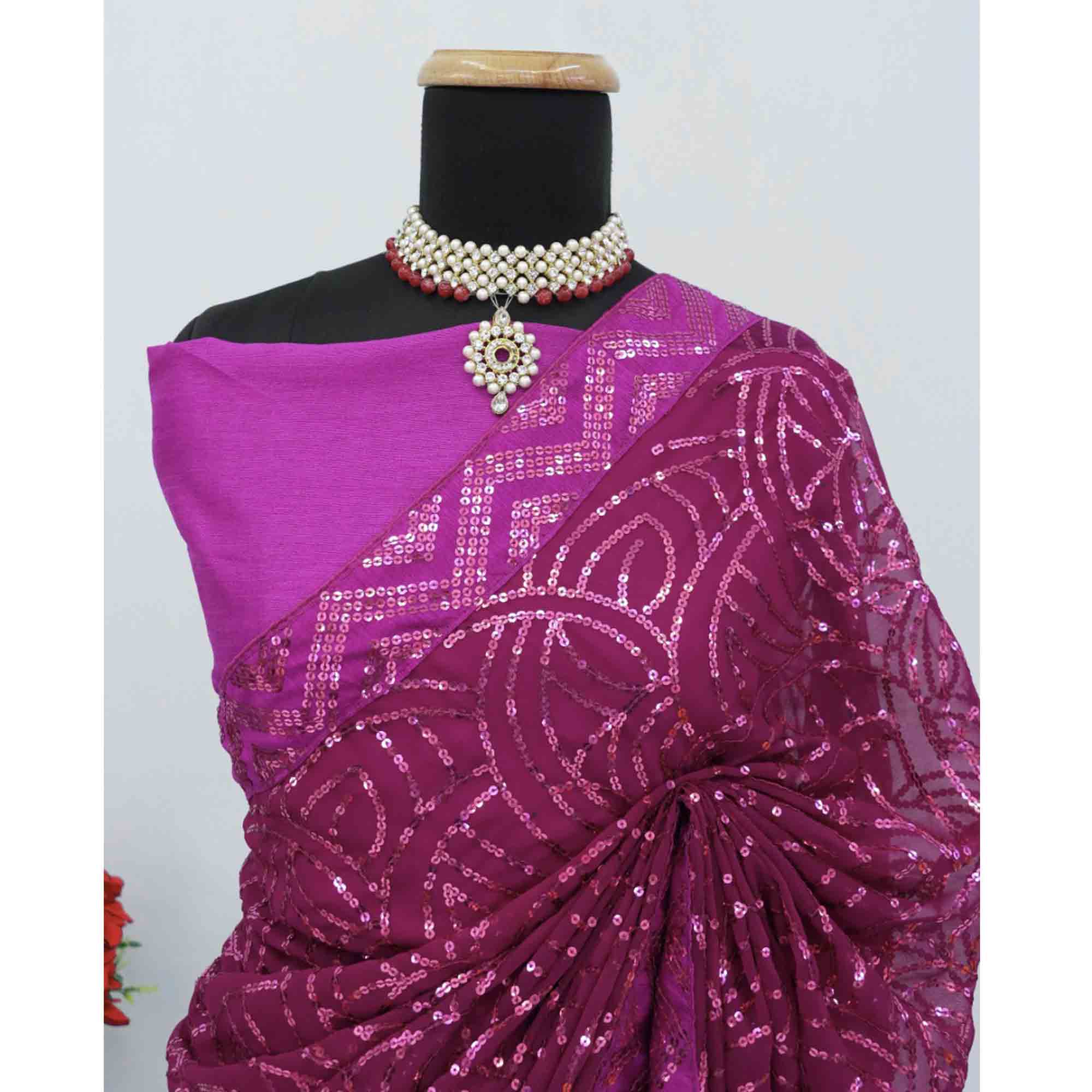 Wine Georgette Saree with Dazzling Sequin Embellishment