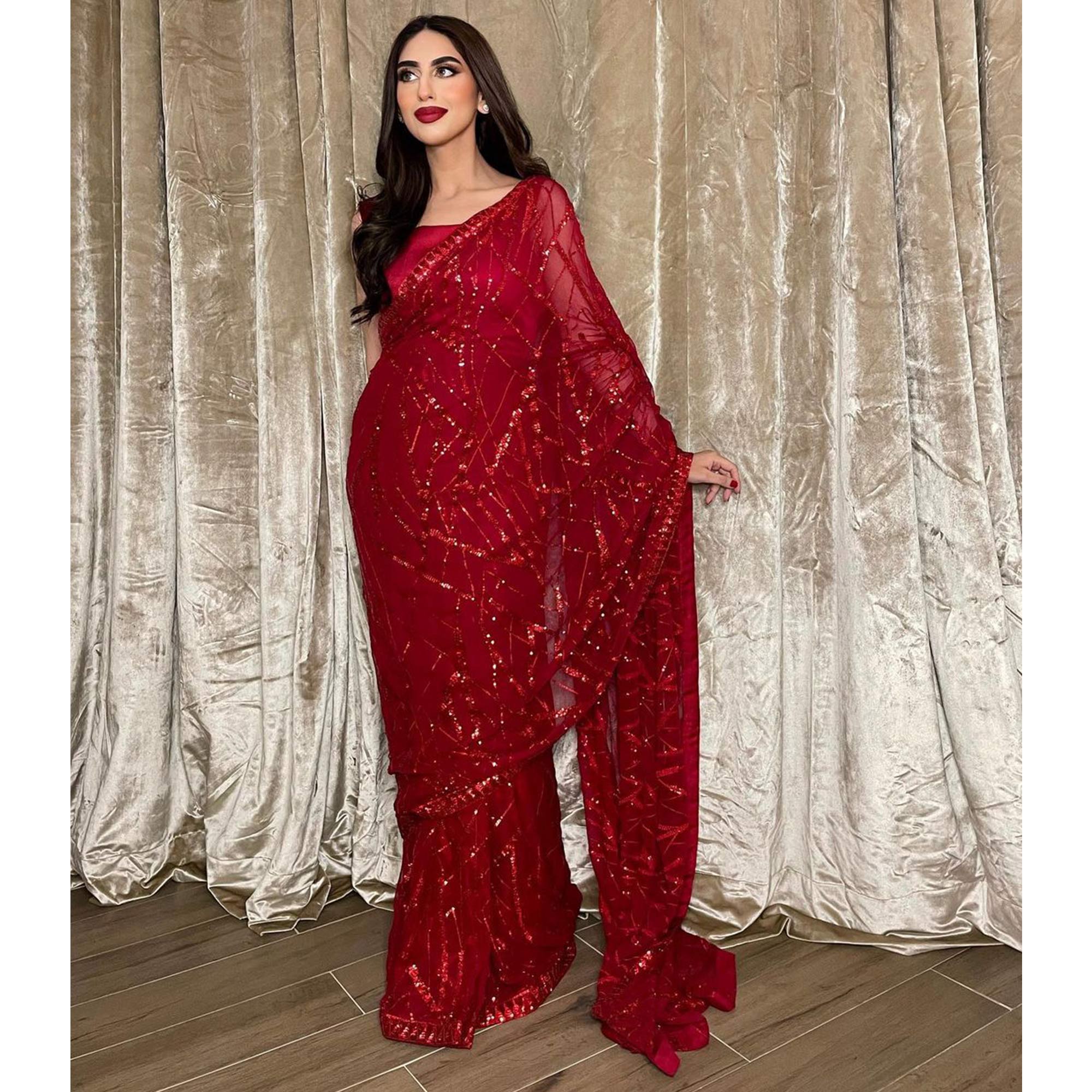 Red Sequins Embroidered Georgette Saree