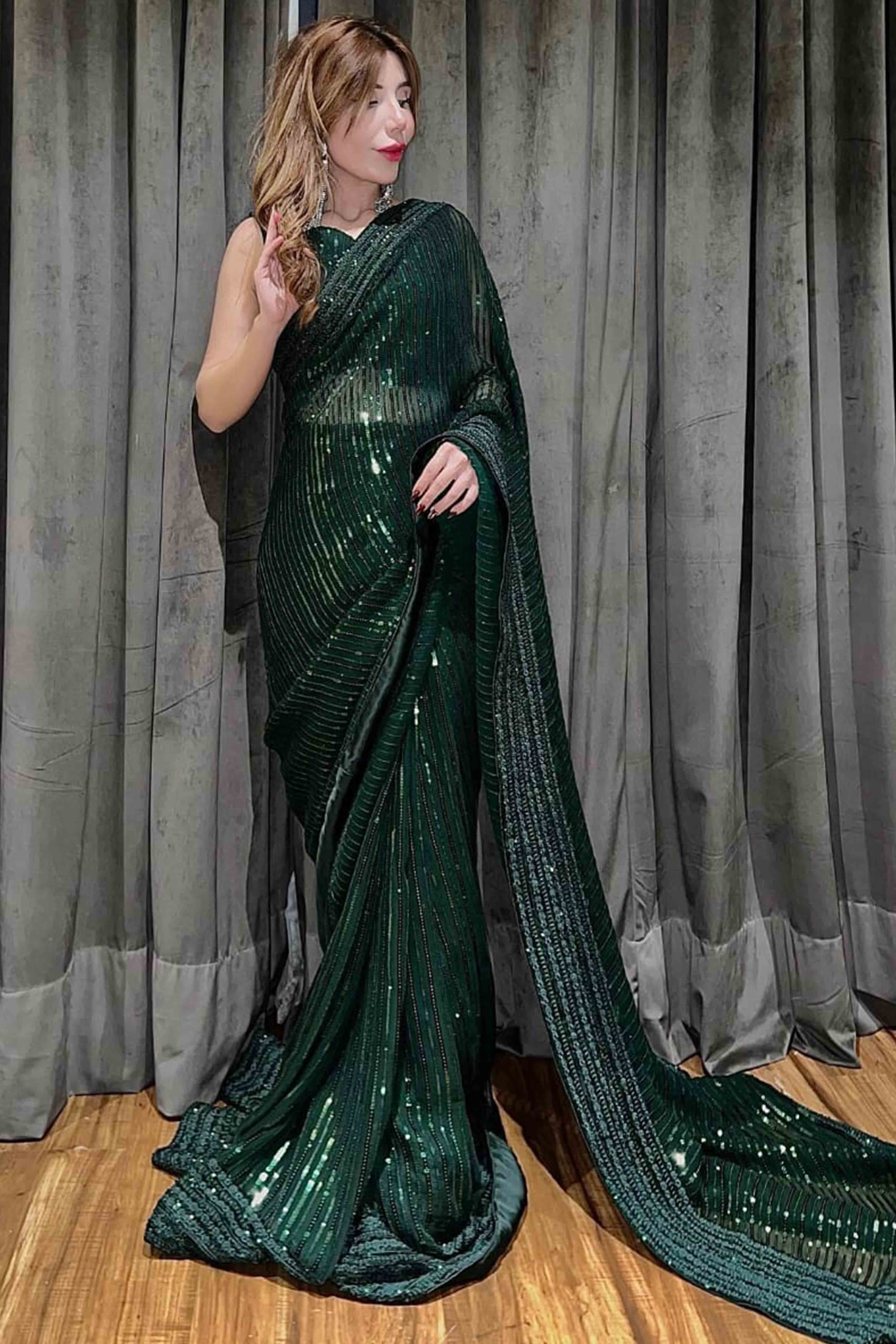 Charming Green Partywear Saree in Georgette with Stylish Sequin Embellishments