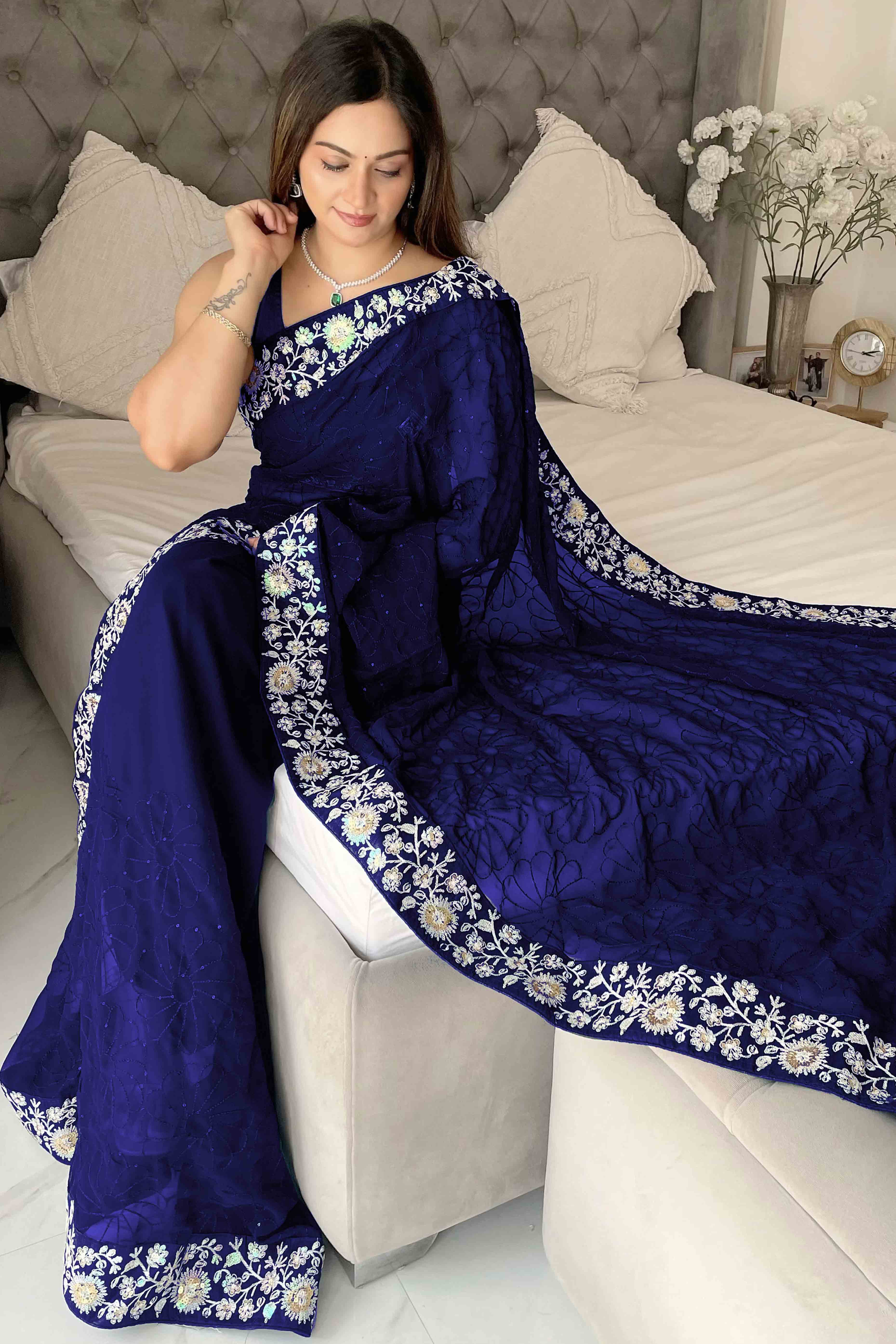 Blue Georgette Saree Featuring Fine Sequin Embroidery for a Glam Look