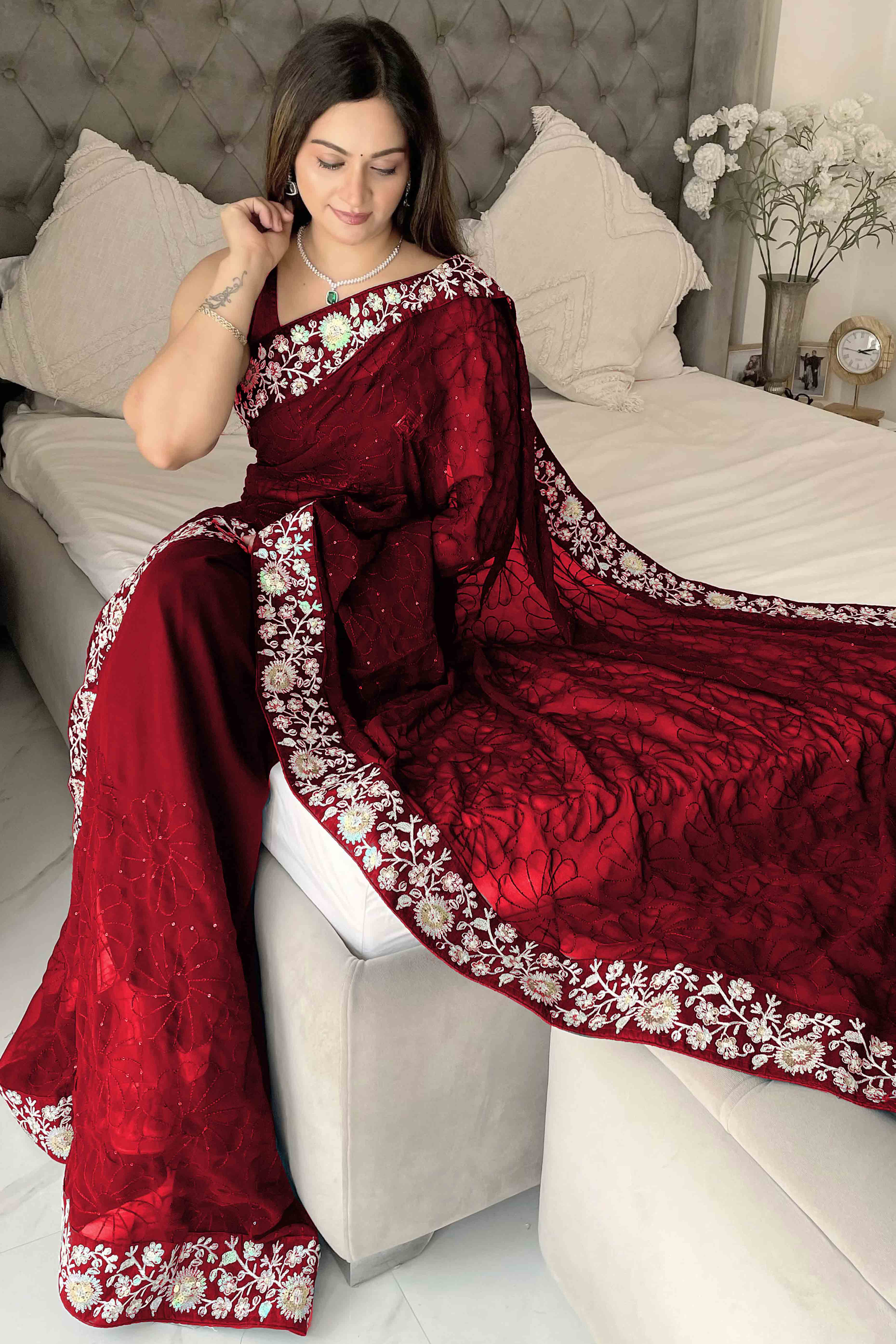 Maroon Georgette Saree Featuring Fine Sequin Embroidery for a Glam Look