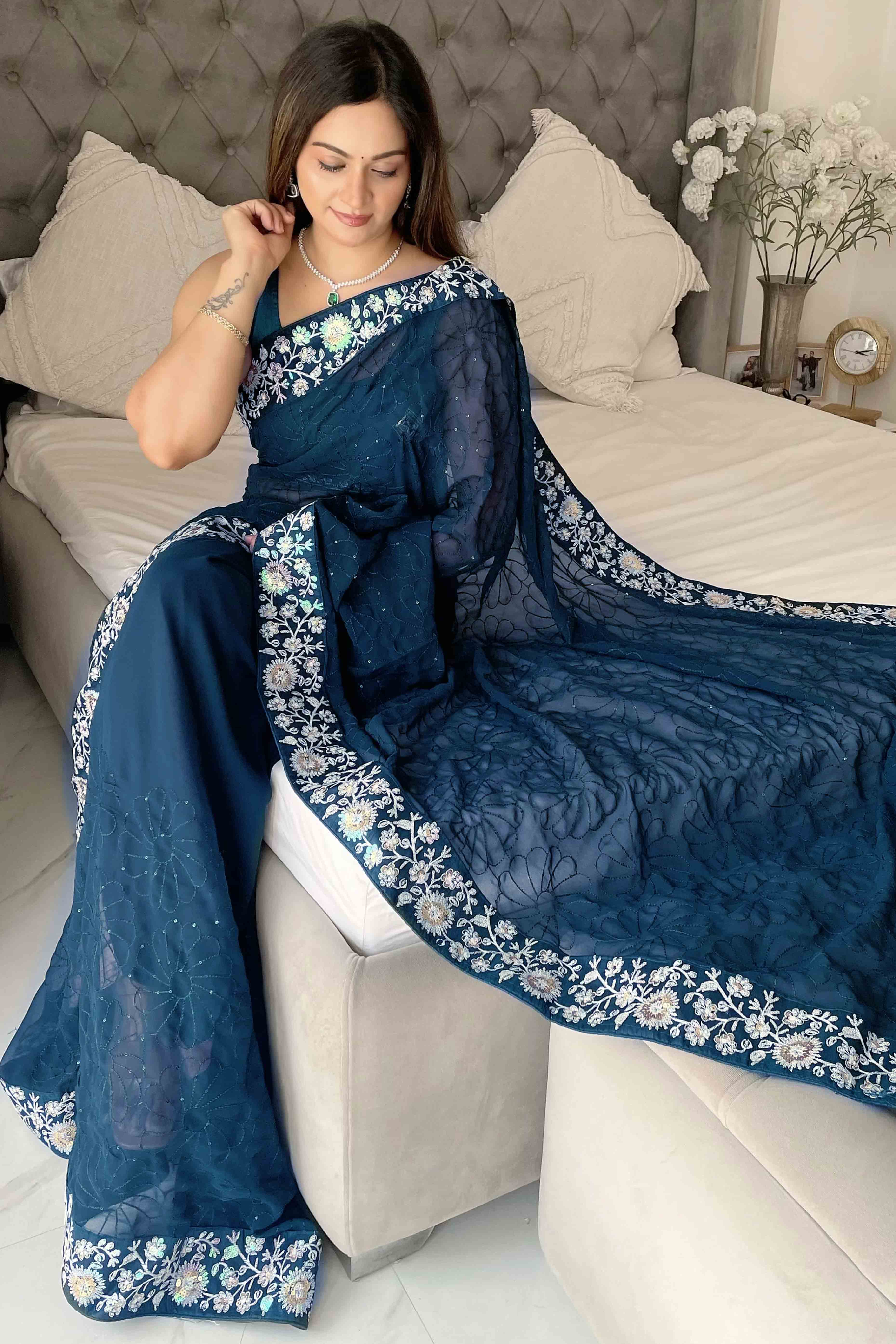 Teal Georgette Saree Featuring Fine Sequin Embroidery for a Glam Look