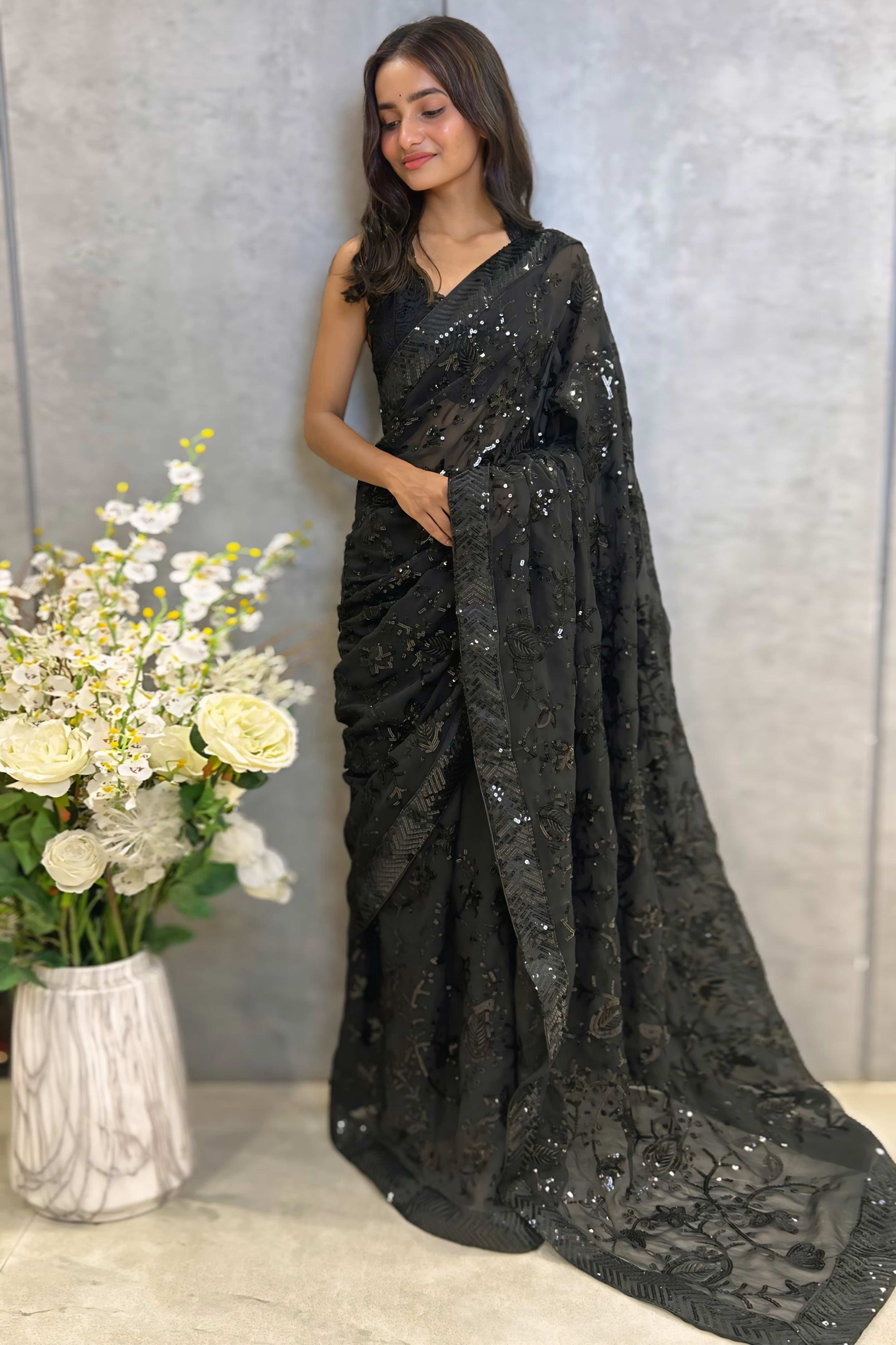 Black Sequins Embellished Georgette Saree with Delicate Embroidery and Sheer Grace