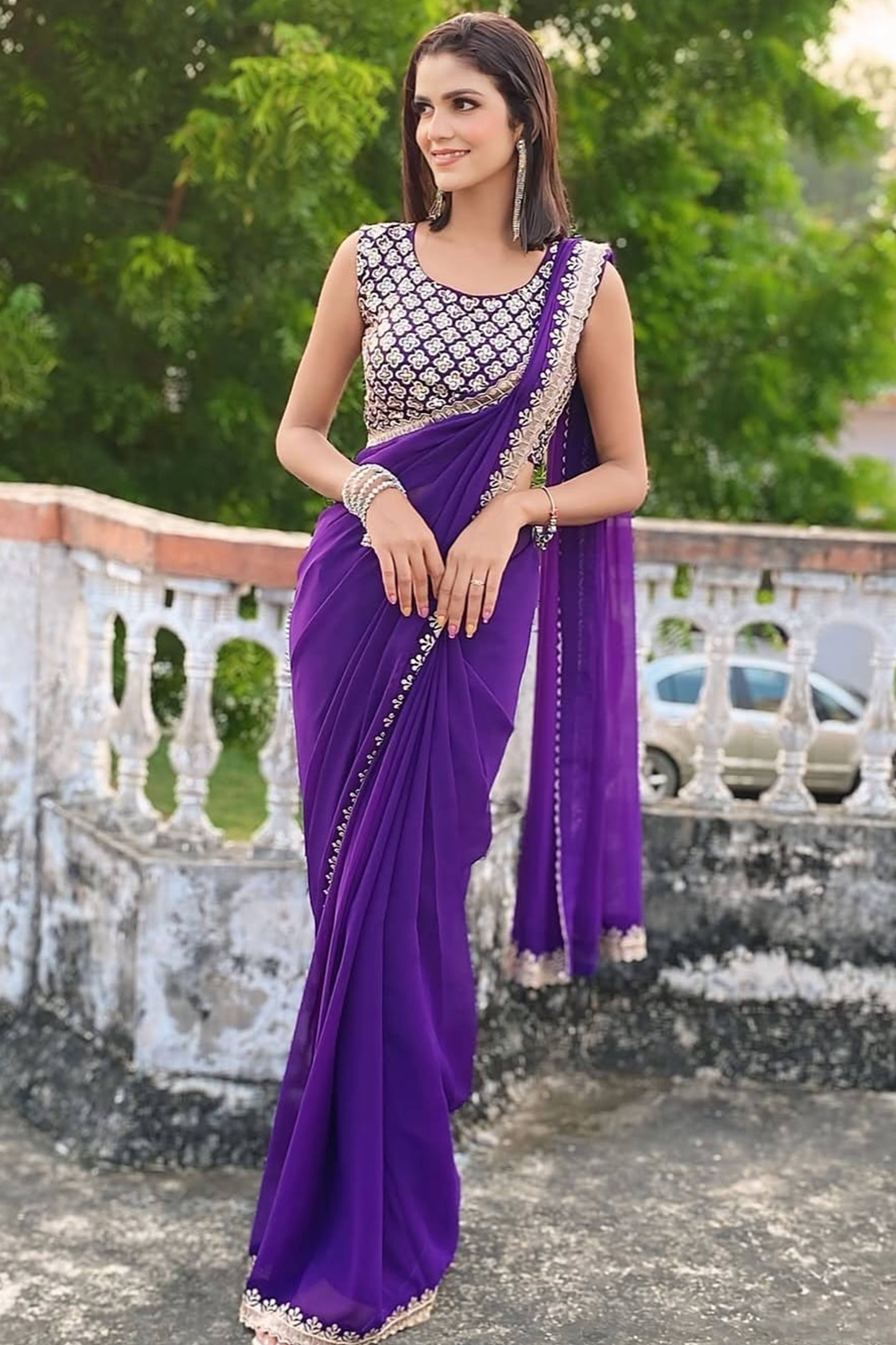 Violet Georgette Saree with Sleek Solid Finish and Embroidered Edging