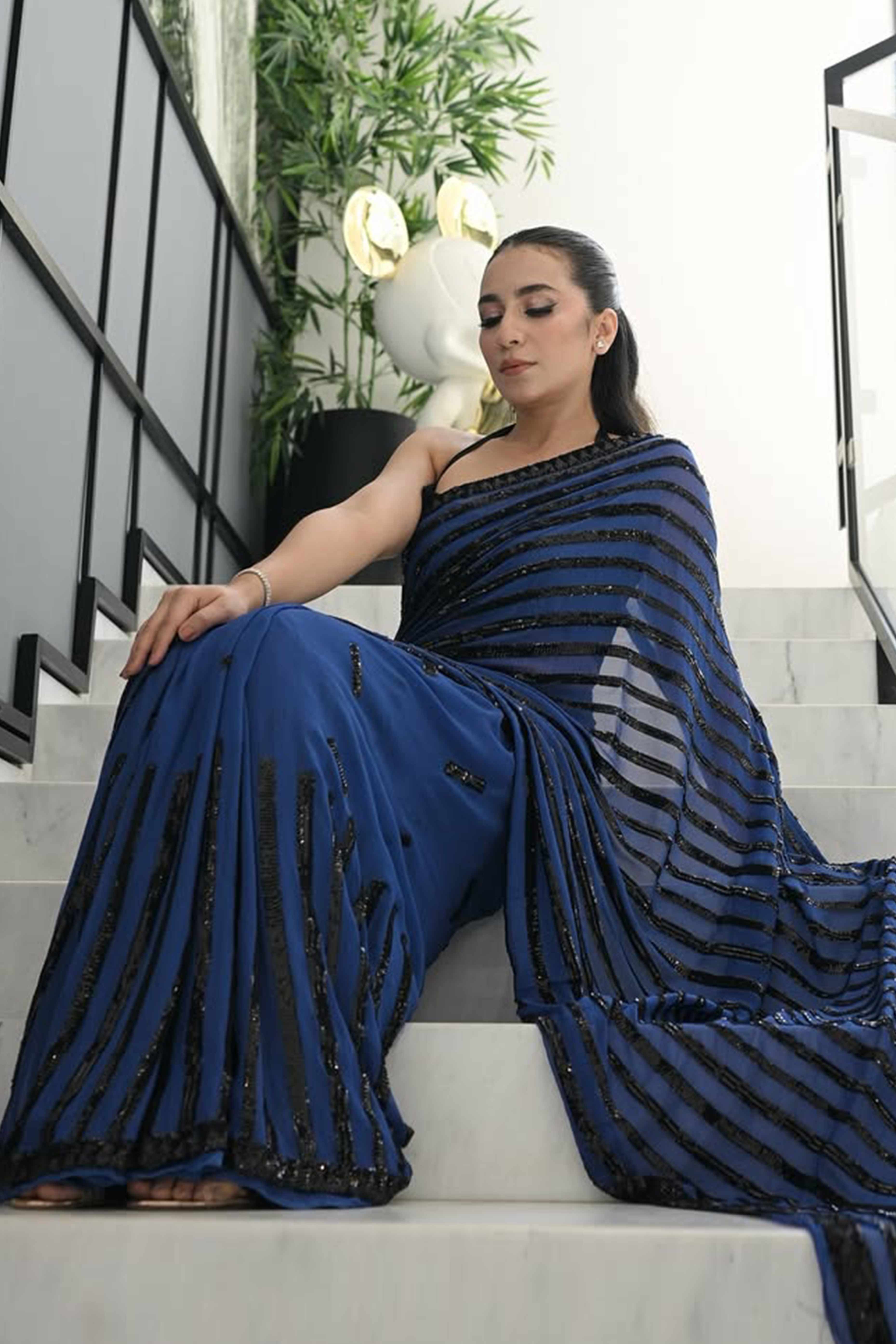 Blue Sequined Saree with Striped Design in Soft Georgette for Effortless Evening Elegance