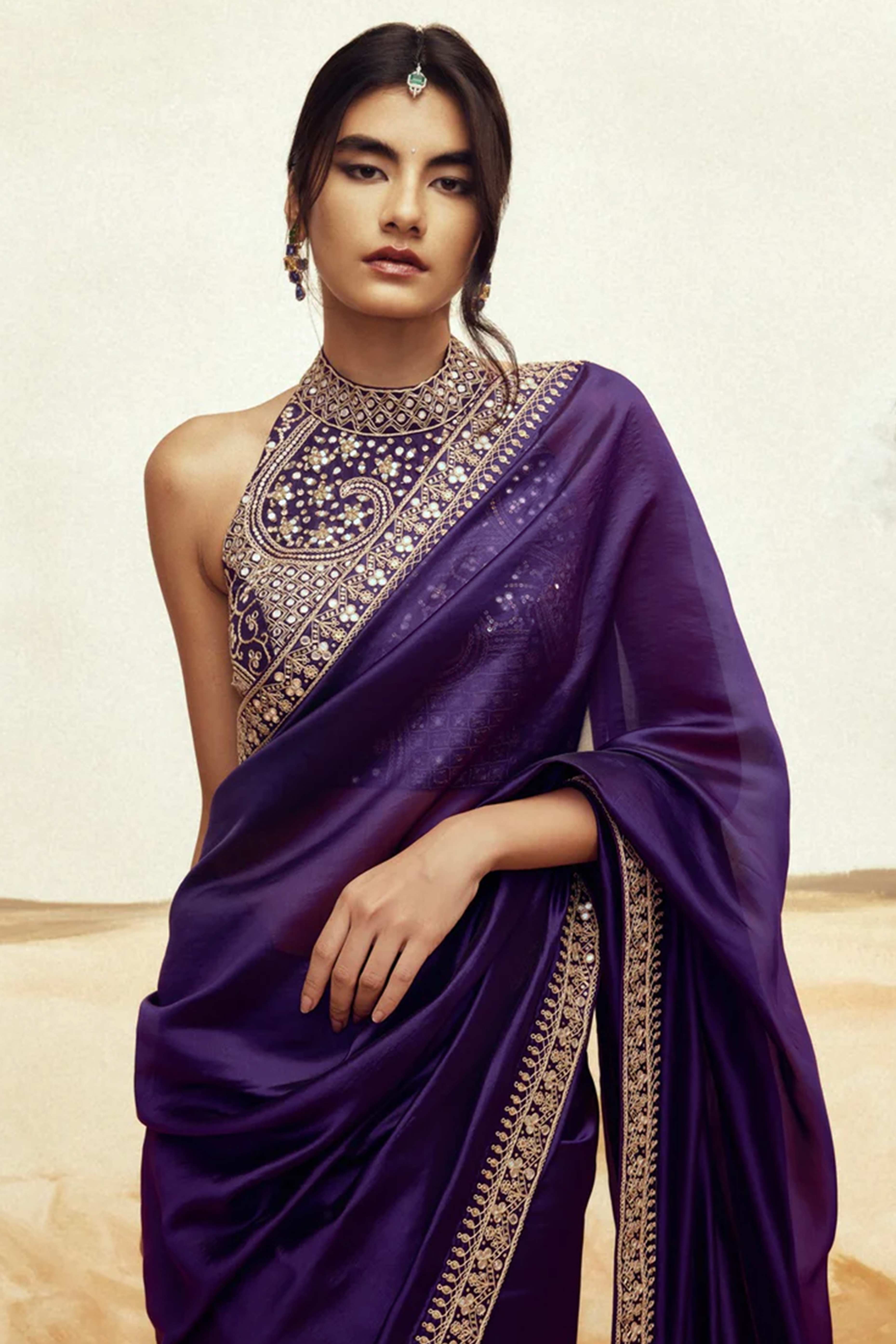 Violet Solid Pattern Saree in Smooth Silk Blend Fabric with Elegant Embroidered Edge Work