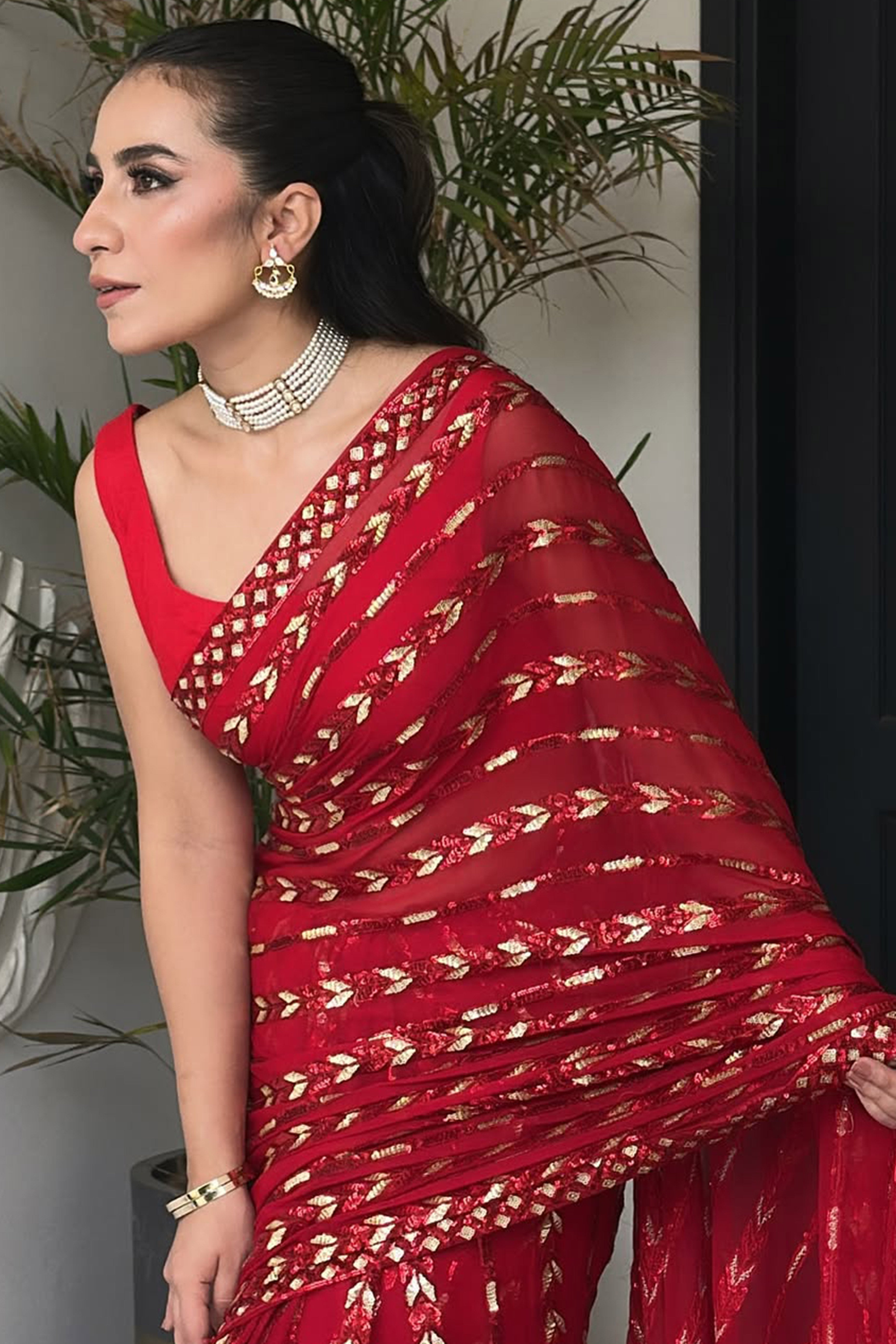 Stylish Red Striped Georgette Saree Featuring All-Over Sequin Embroidery