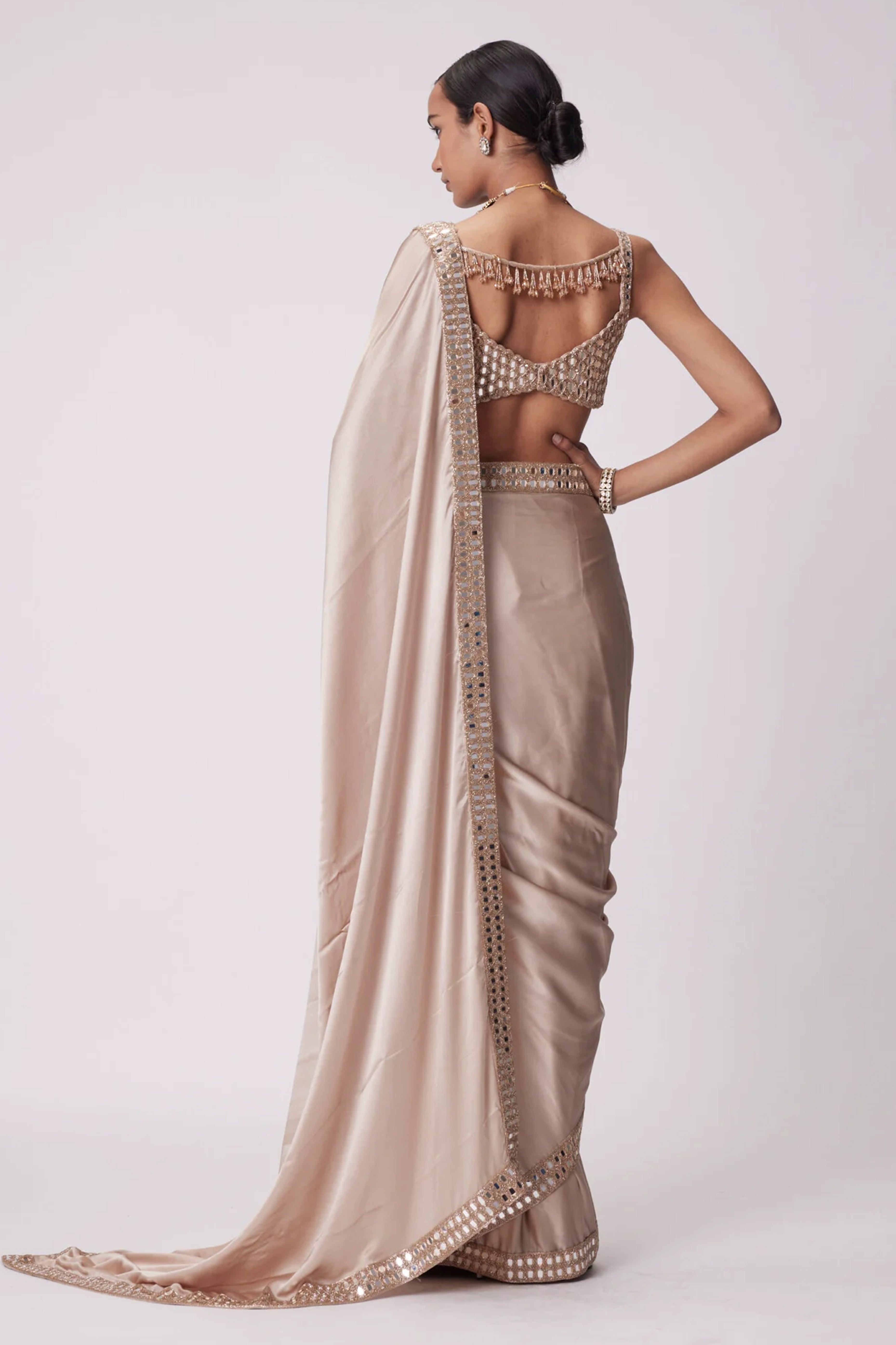 Beige Japan Satin Saree with Sparkling Mirror Embellishments