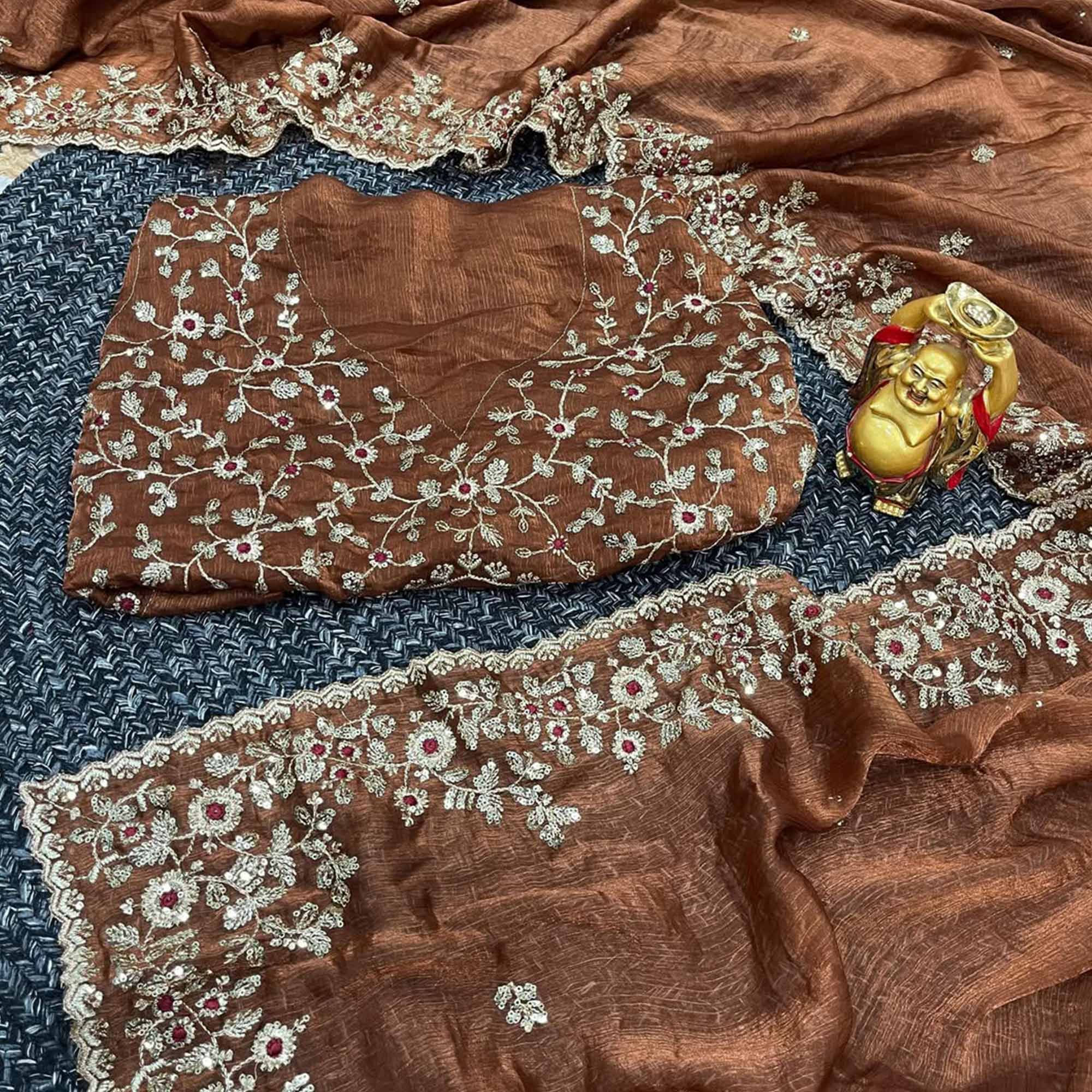 Brown Lightweight Chiffon Saree with Glamorous Sequins Detailing