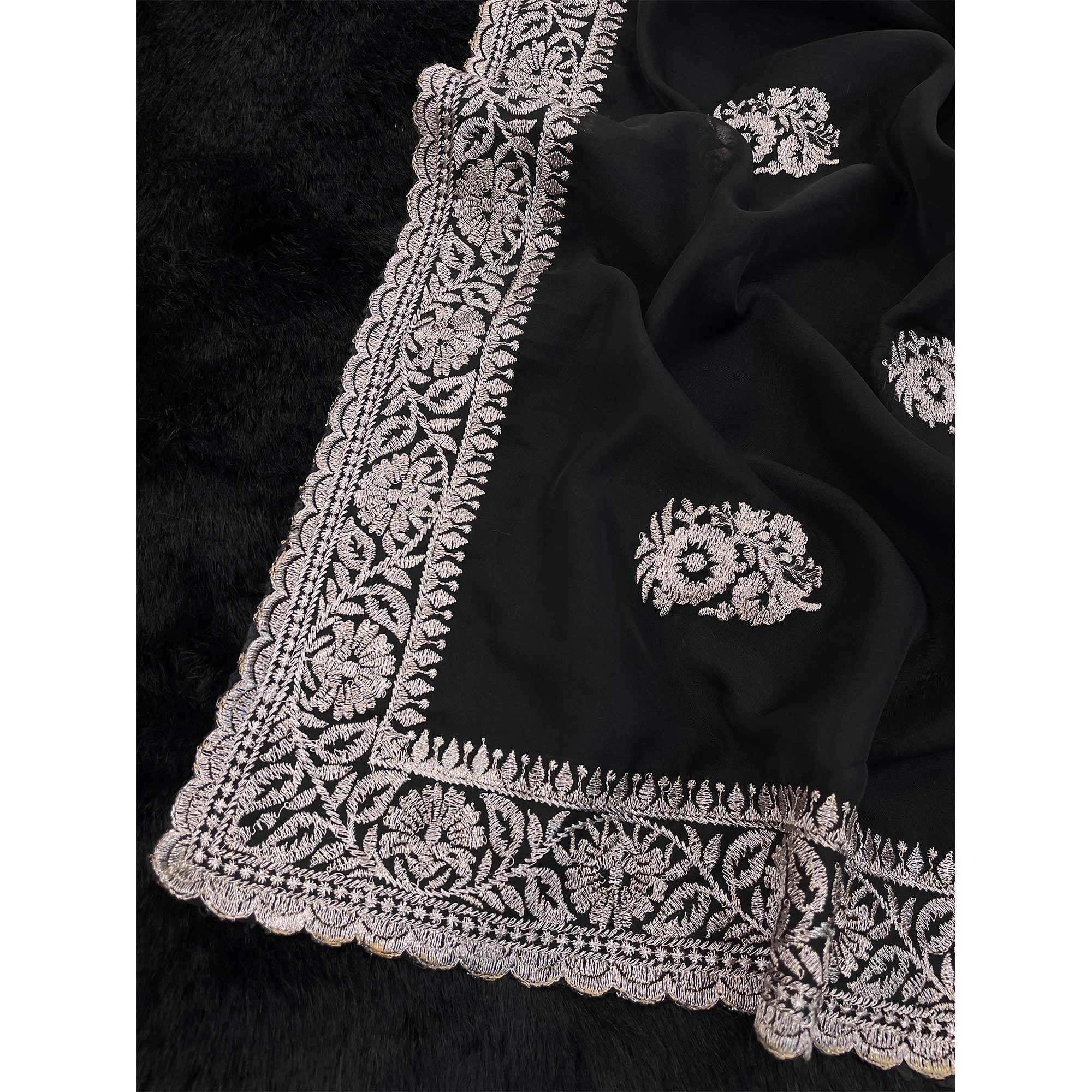 Black Saree in Organza with Intricate Floral Embroidery