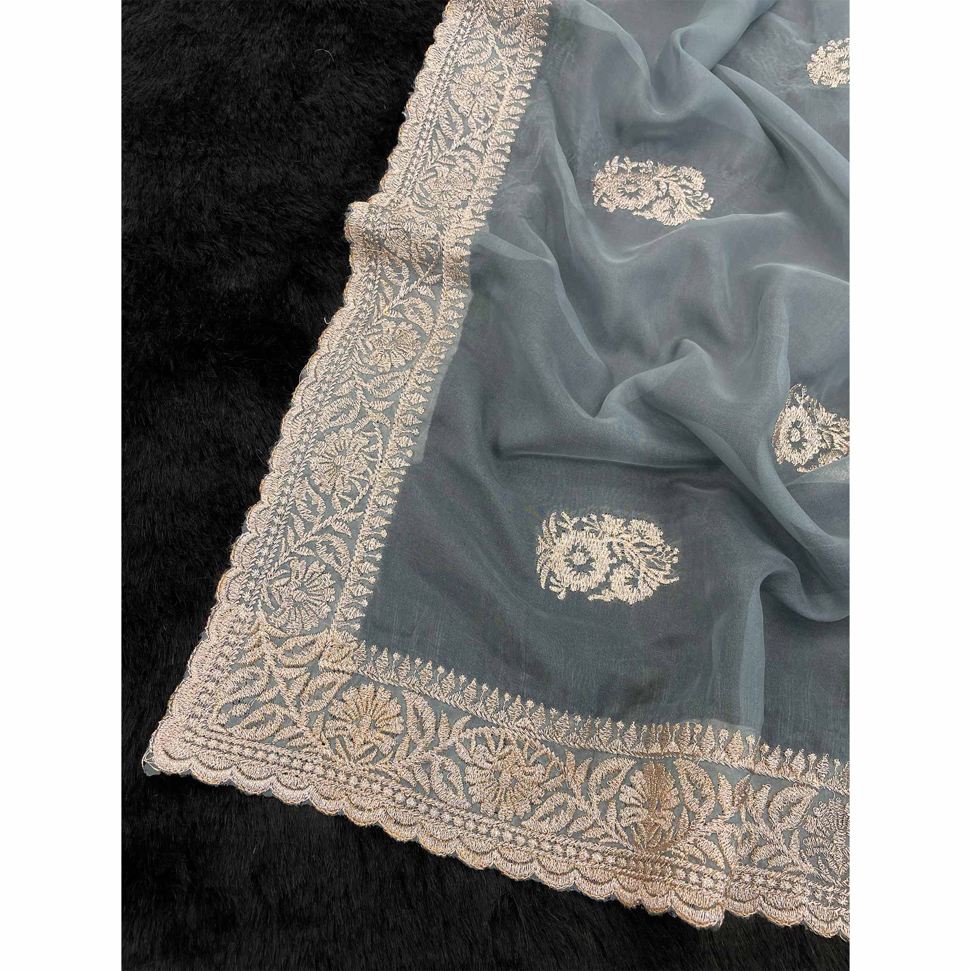 Grey Saree in Organza with Intricate Floral Embroidery