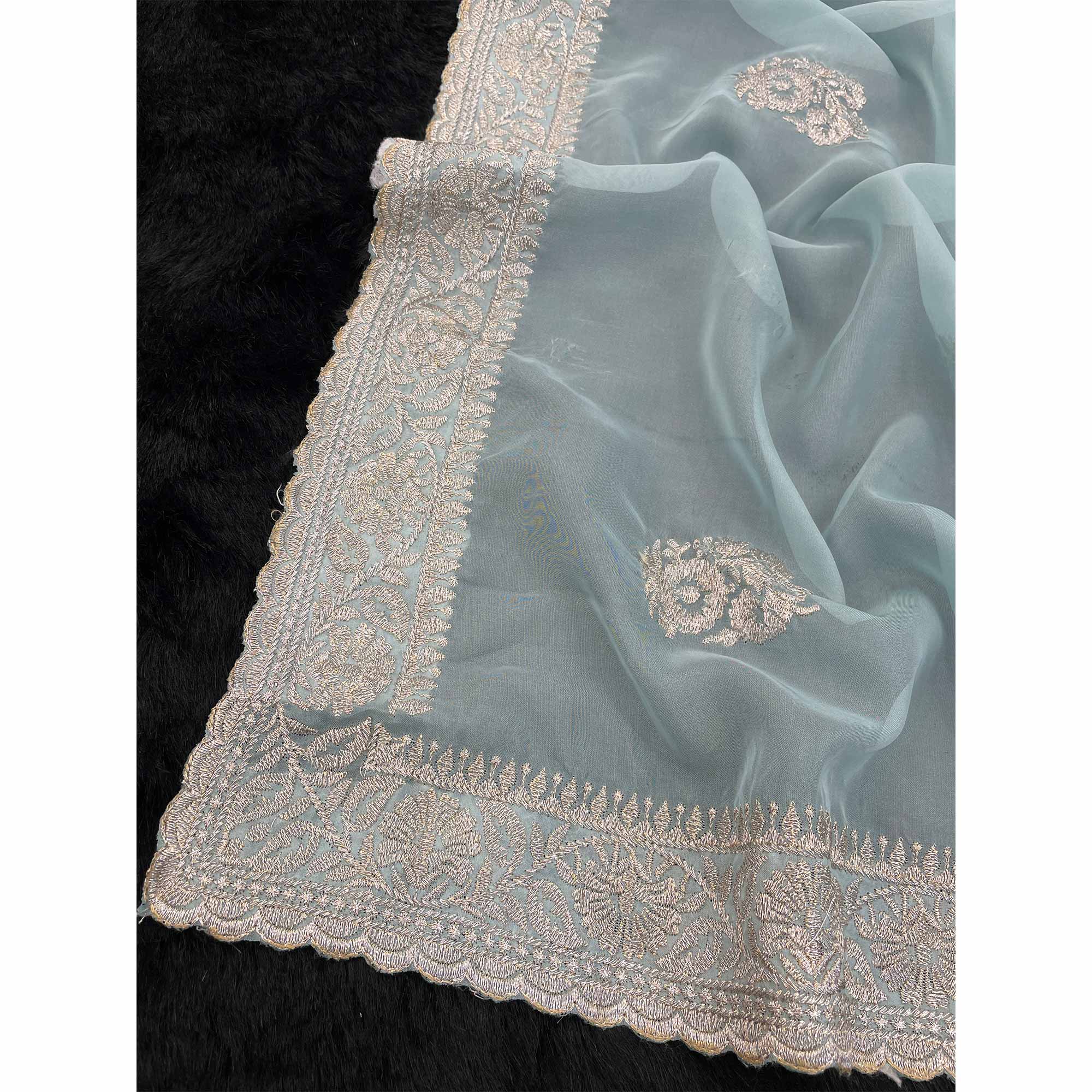 Sky Blue Saree in Organza with Intricate Floral Embroidery