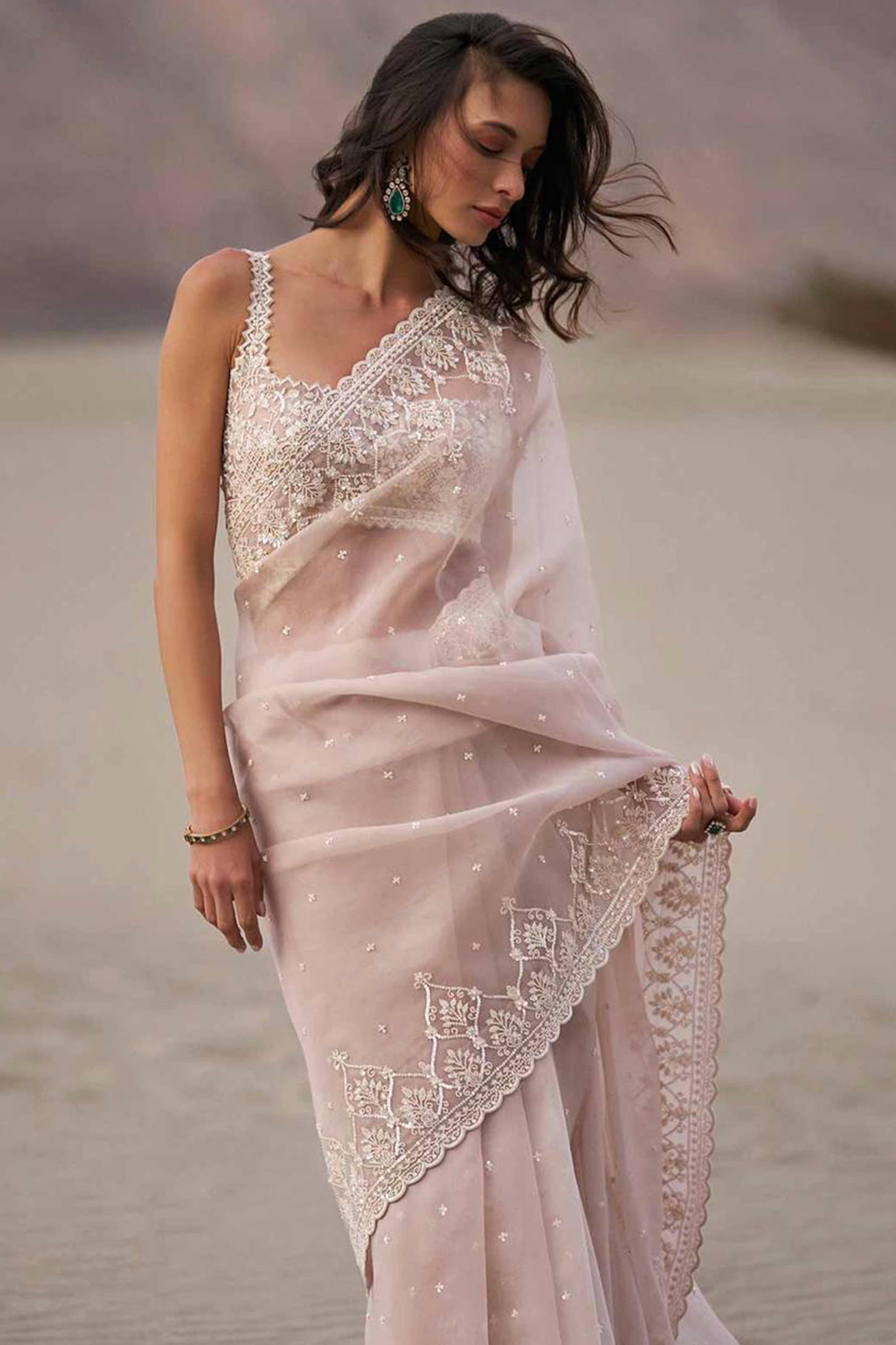 Peach Organza Saree Enhanced with Elegant Sequins Embroidery