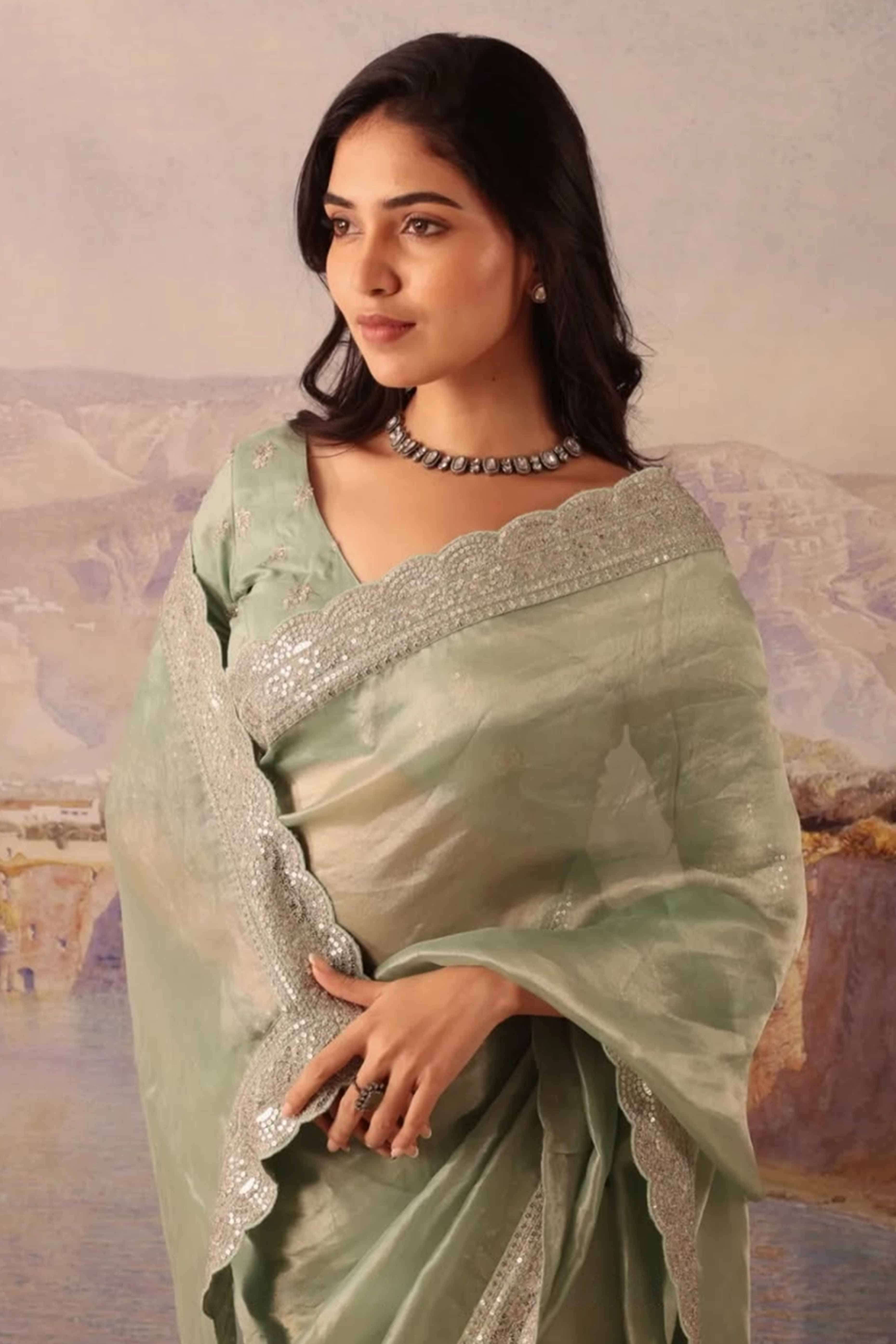 Designer Mint Green Tissue Saree with Sequins Embroidery on Border