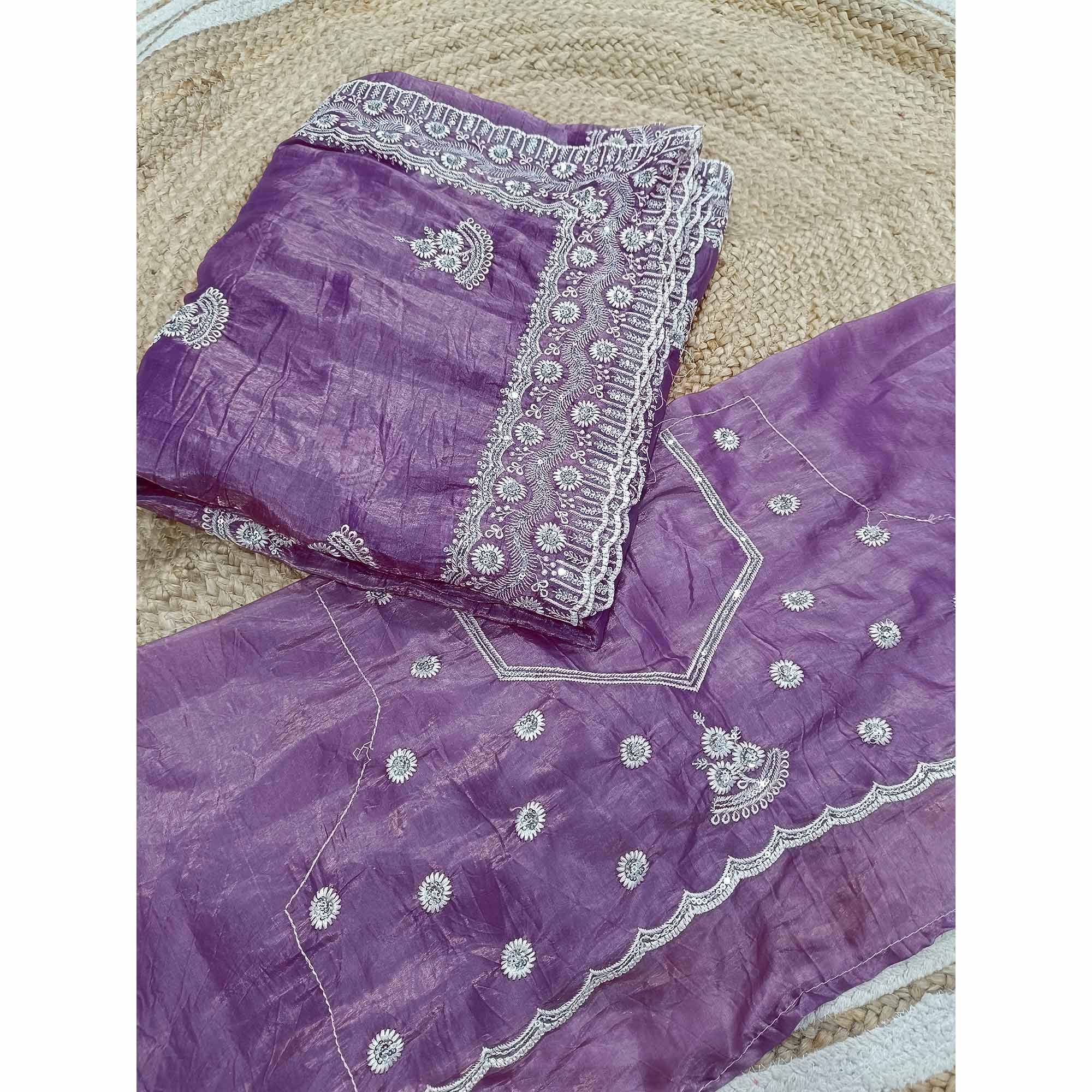 Lavender Cotton Blend Saree With Intricate Floral Thread Embroidery & Sparkling Sequins
