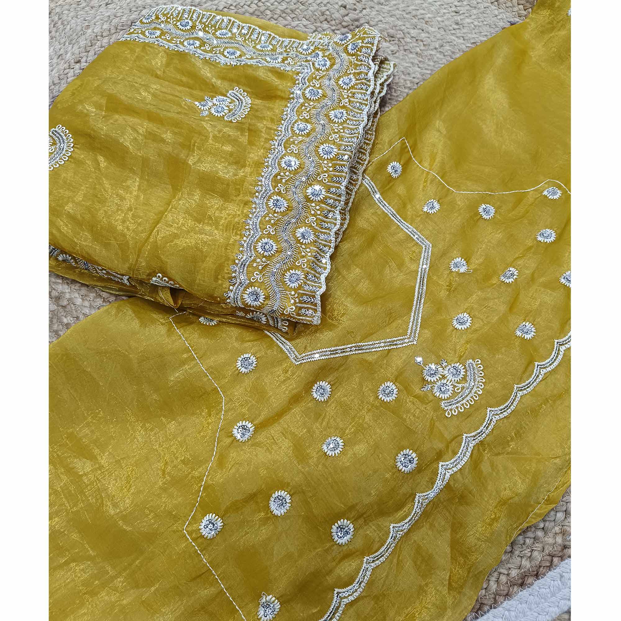Mustard Cotton Blend Saree With Intricate Floral Thread Embroidery & Sparkling Sequins
