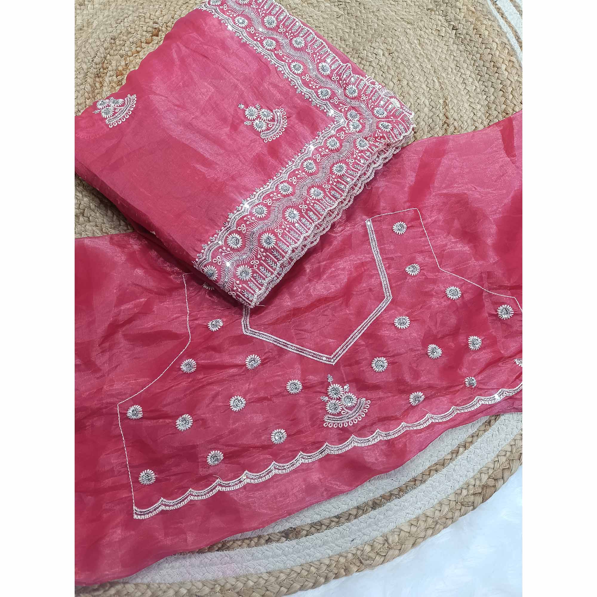 Pink Cotton Blend Saree With Intricate Floral Thread Embroidery & Sparkling Sequins