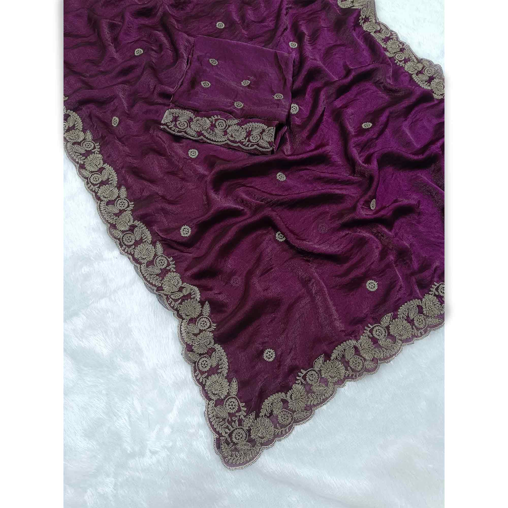 Wine Satin Silk Saree Accented With Intricate Floral Cording Embroidery