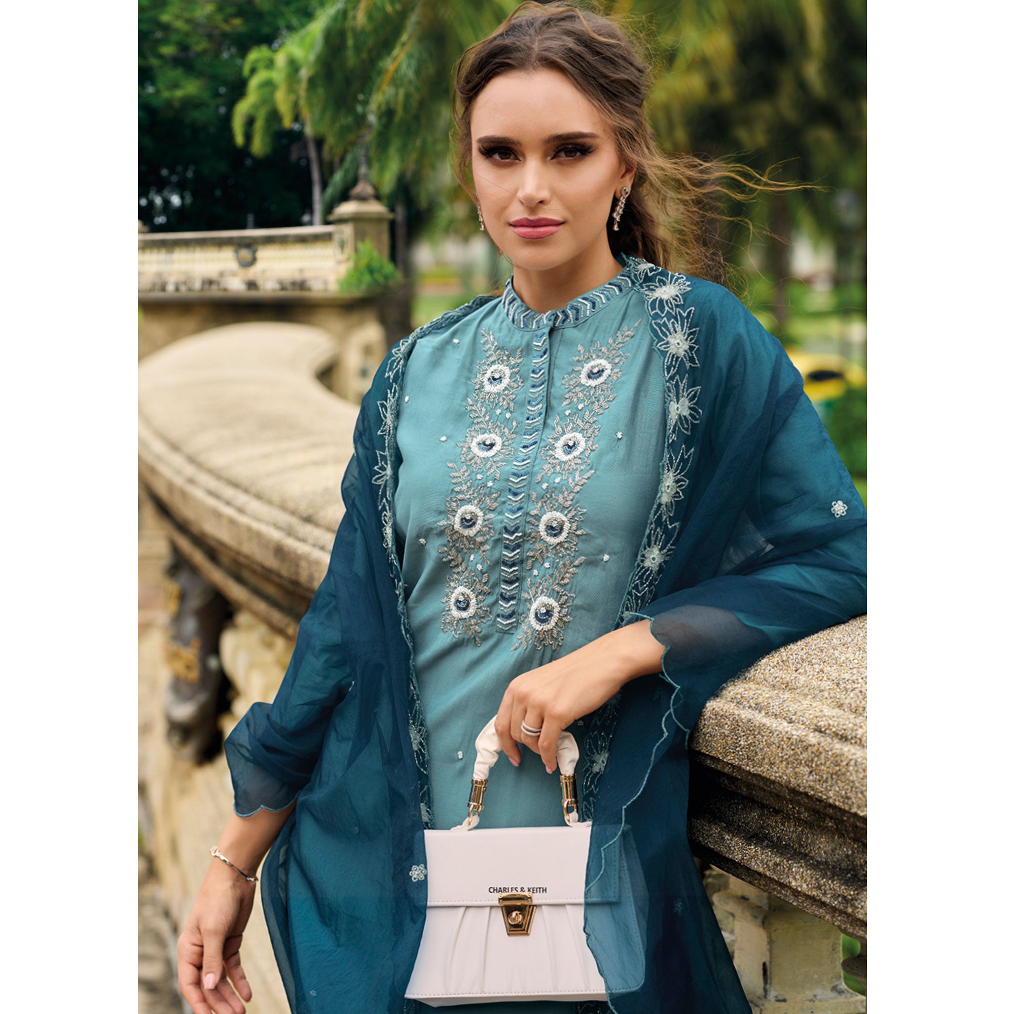 Blue Floral Embroidered Cotton Silk Suit