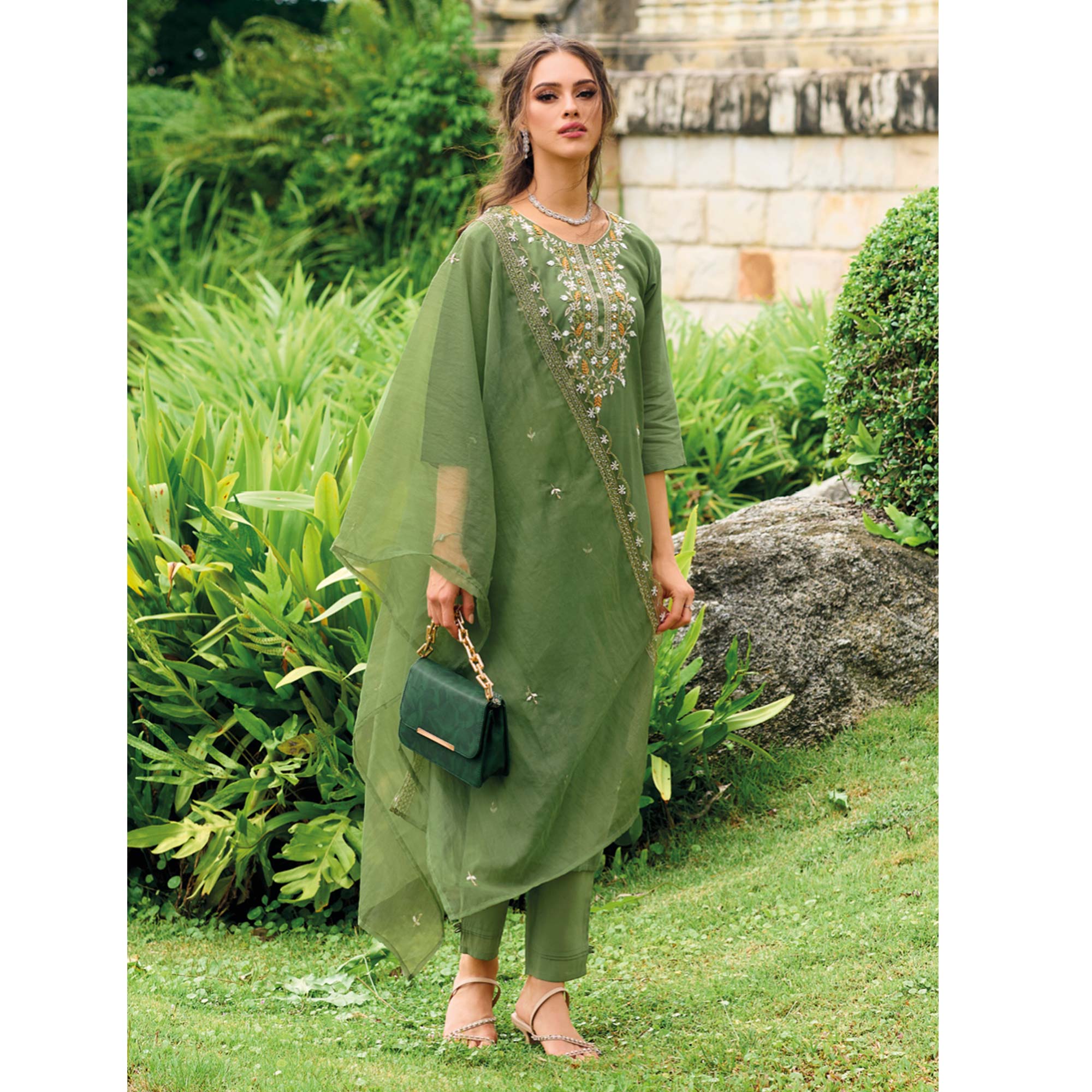 Green Floral Embroidered Cotton Silk Suit