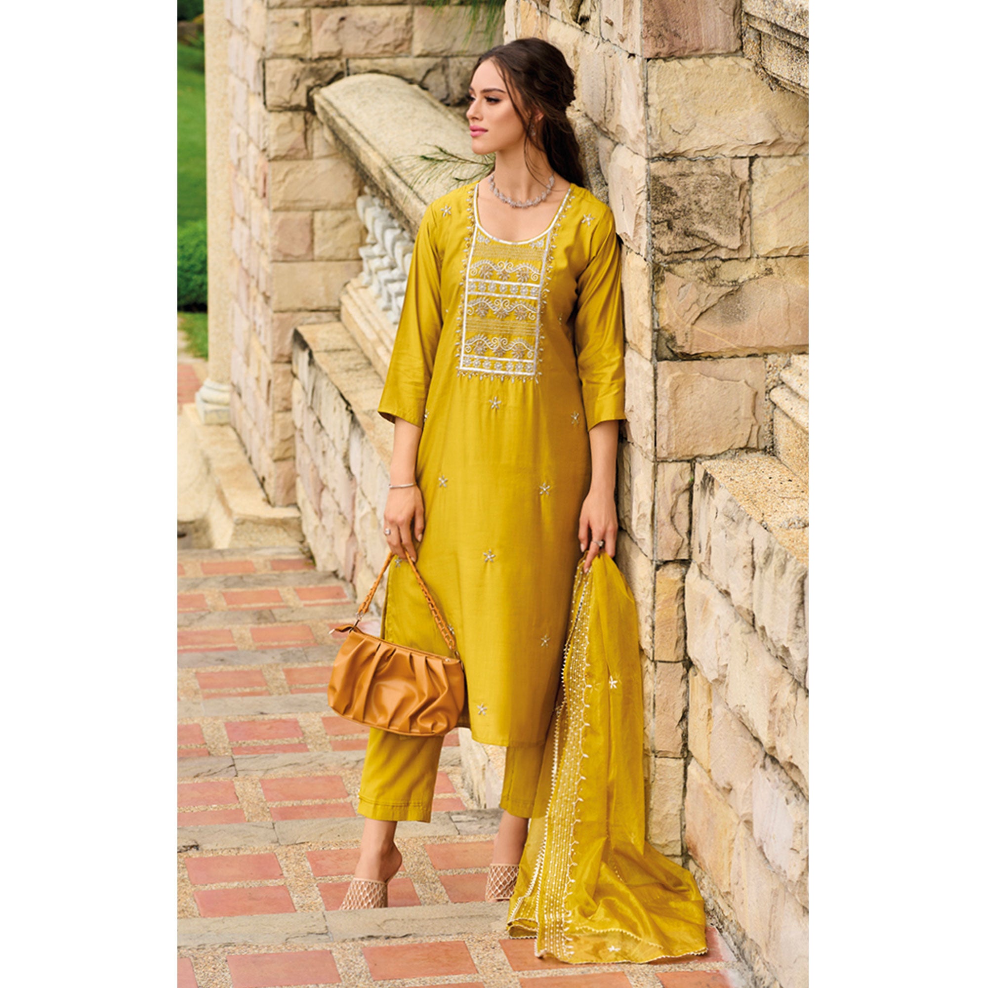 Mustard Floral Embroidered Cotton Silk Suit