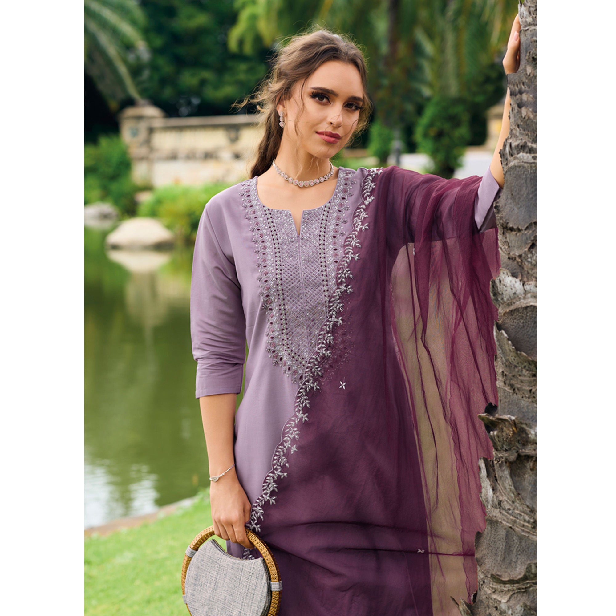 Lavender Floral Embroidered Cotton Silk Suit