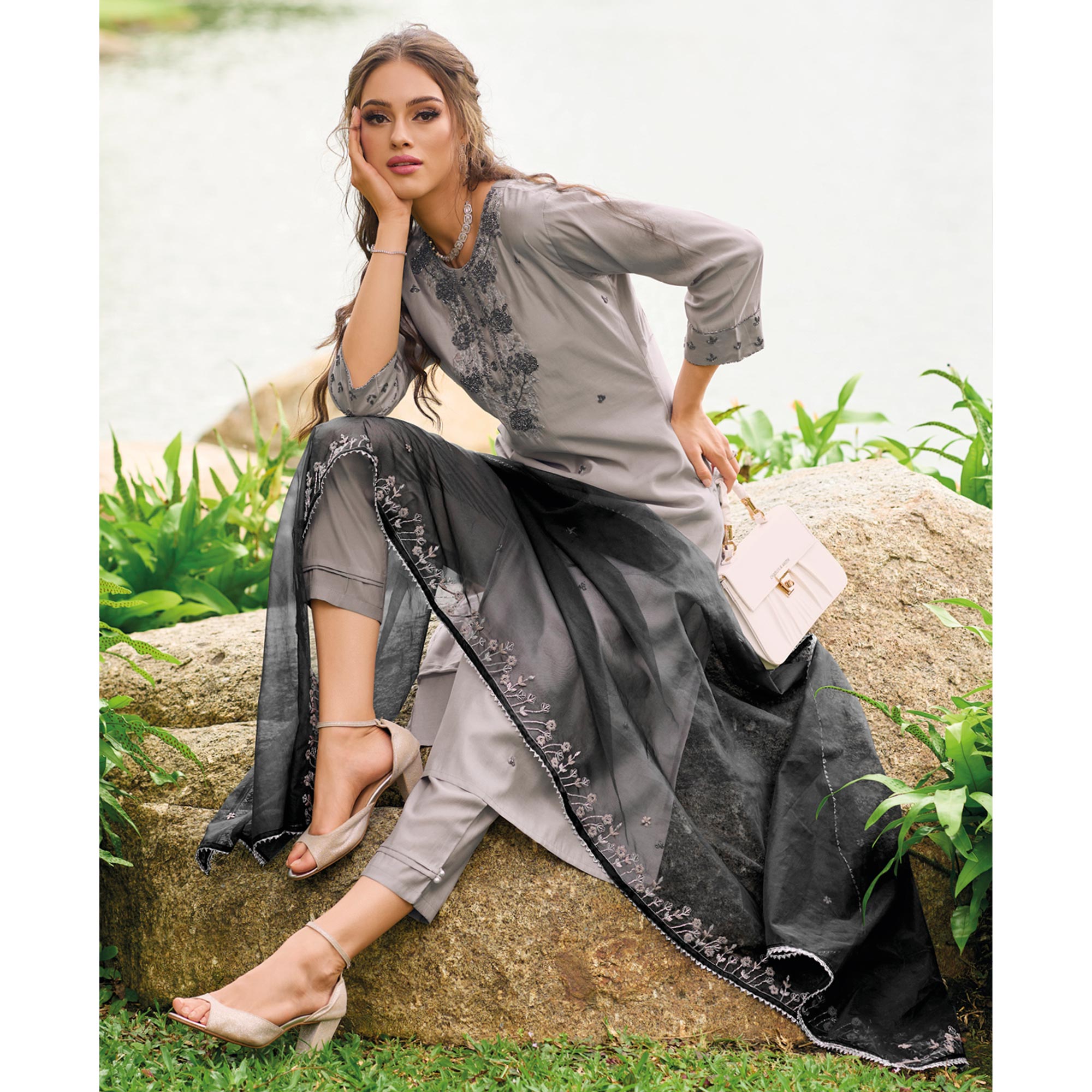 Grey Floral Embroidered Cotton Silk Suit