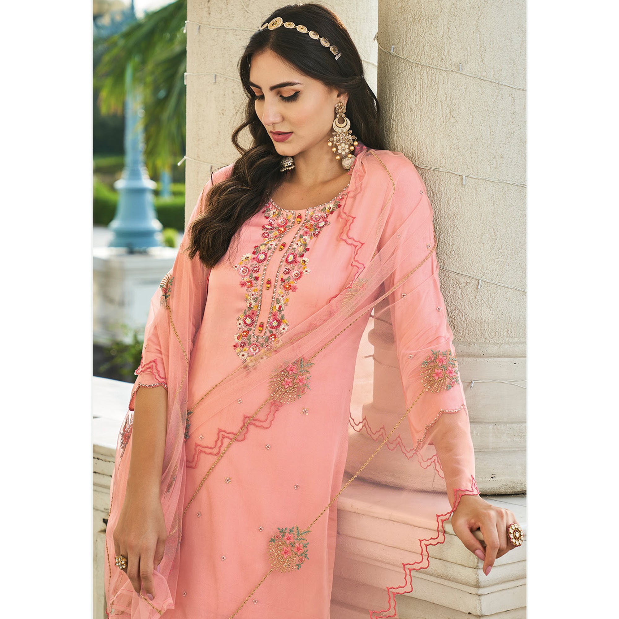 Peach Embroidered Chinon Sharara Suit