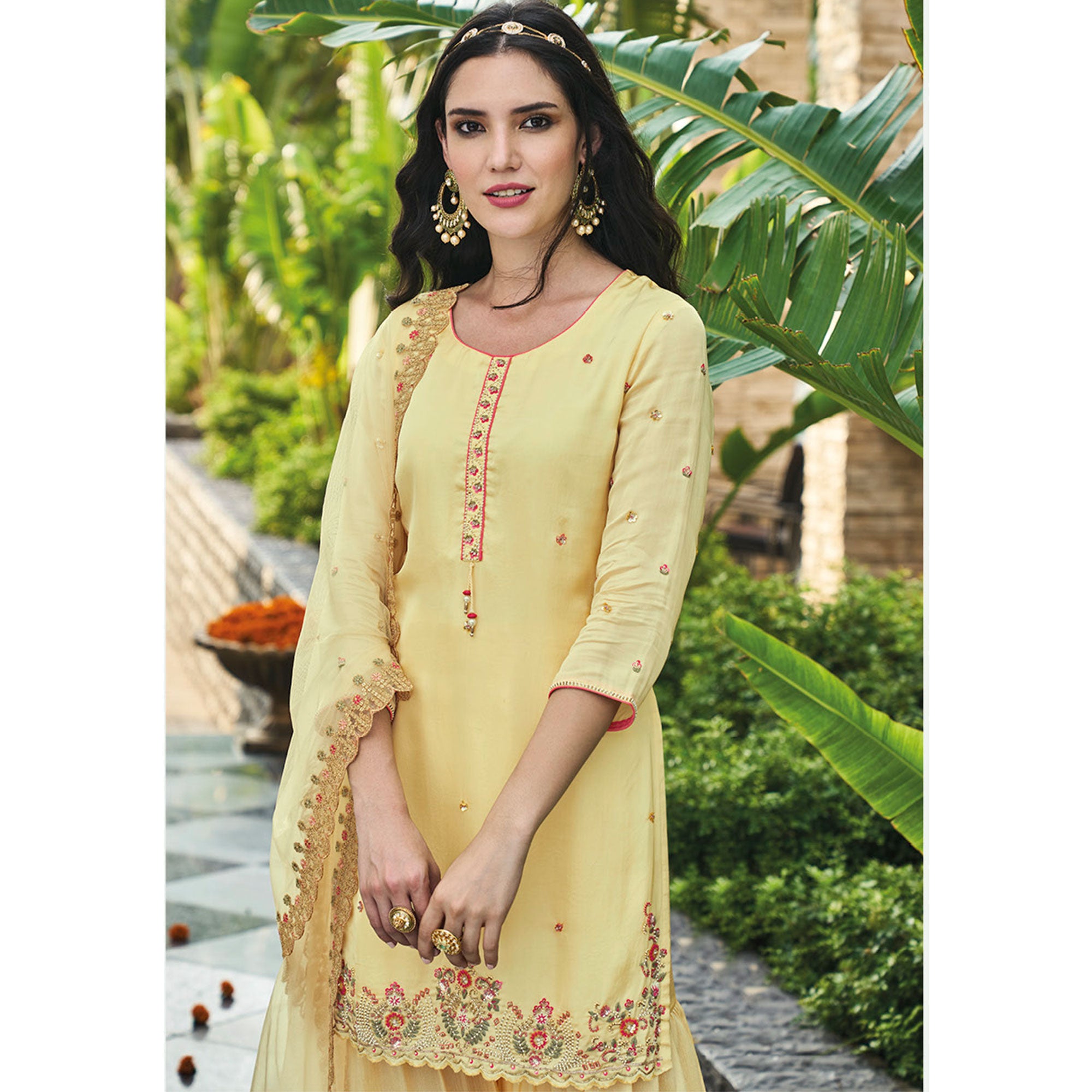 Yellow Embroidered Chinon Sharara Suit