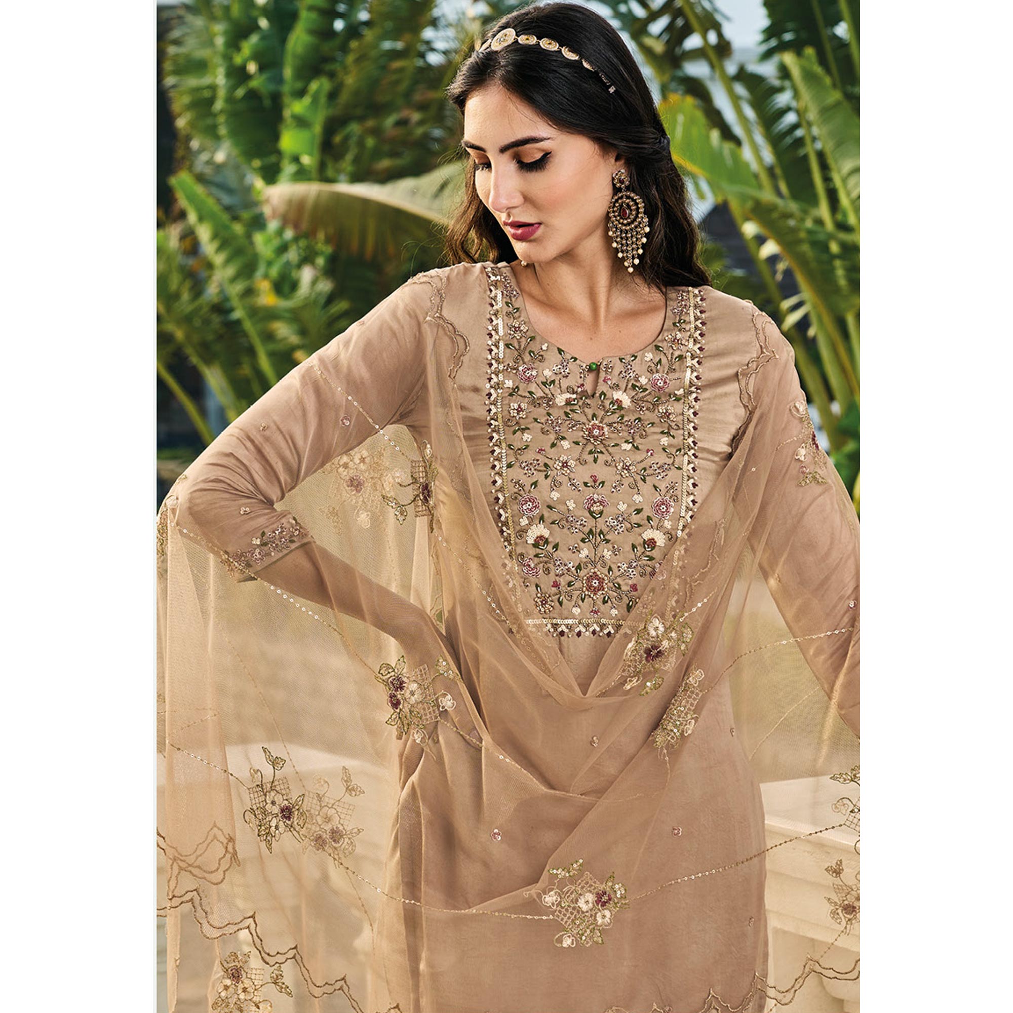 Chikoo Embroidered Chinon Sharara Suit