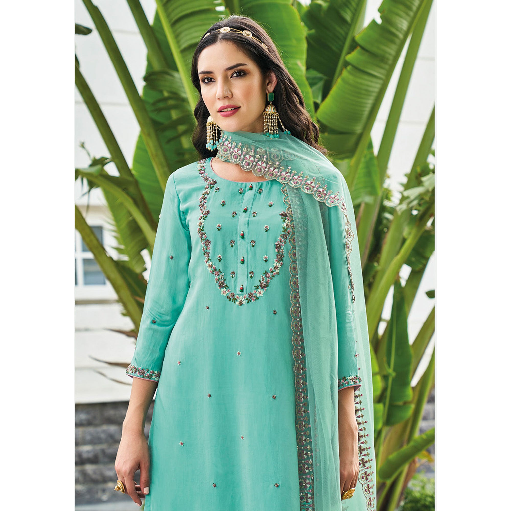 Turquoise Embroidered Chinon Sharara Suit