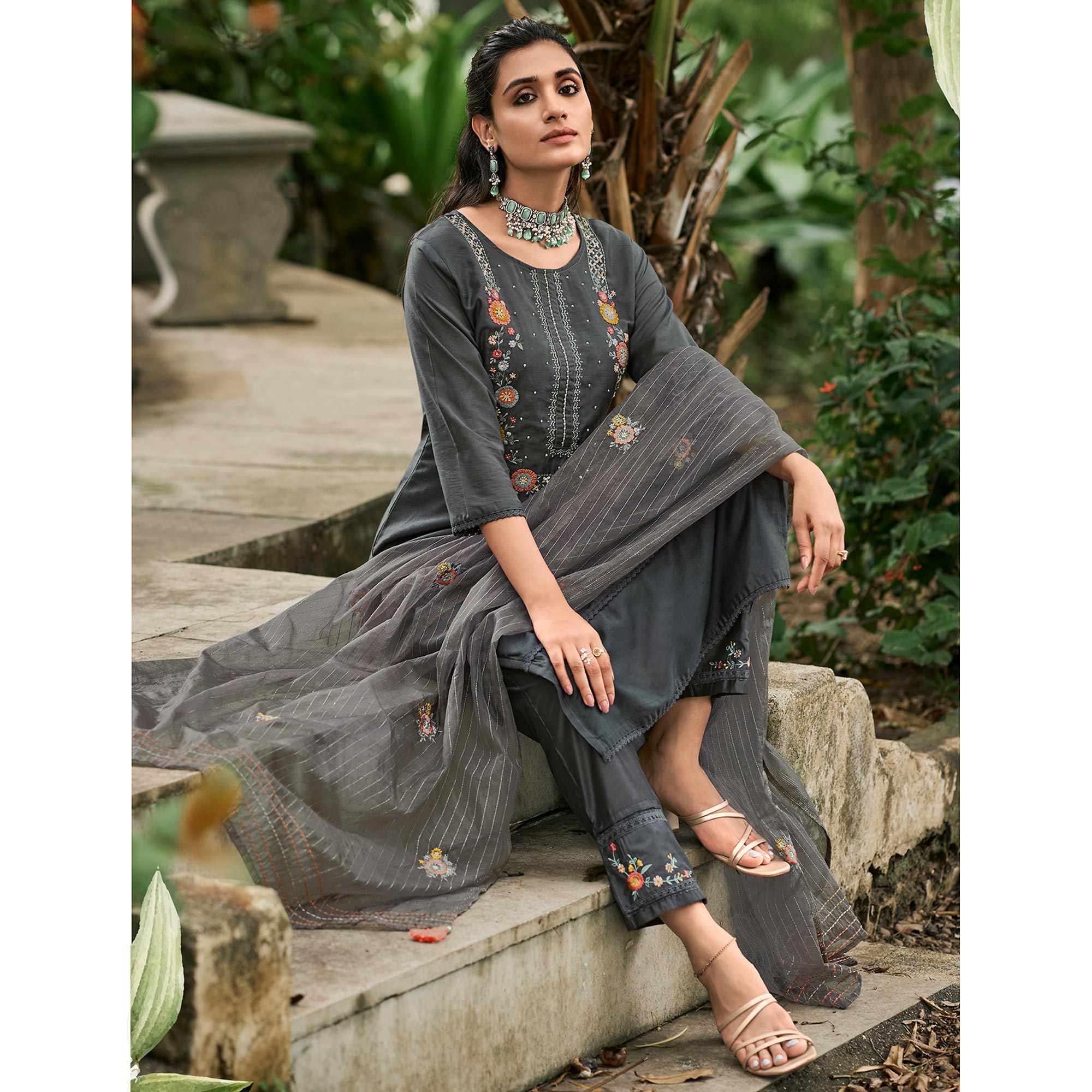 Grey Floral Embroidered Cotton Silk Suit