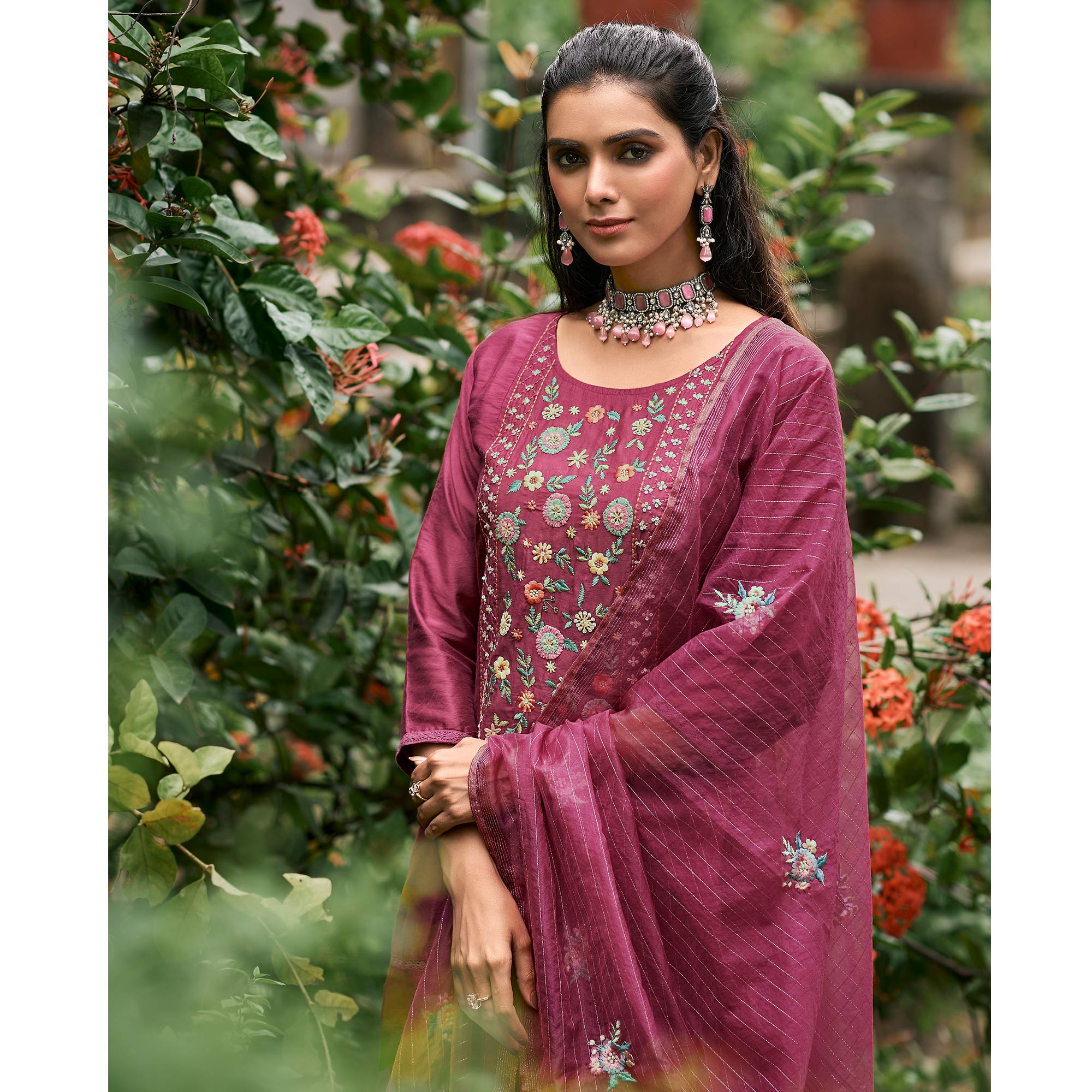 Pink Floral Embroidered Cotton Silk Suit