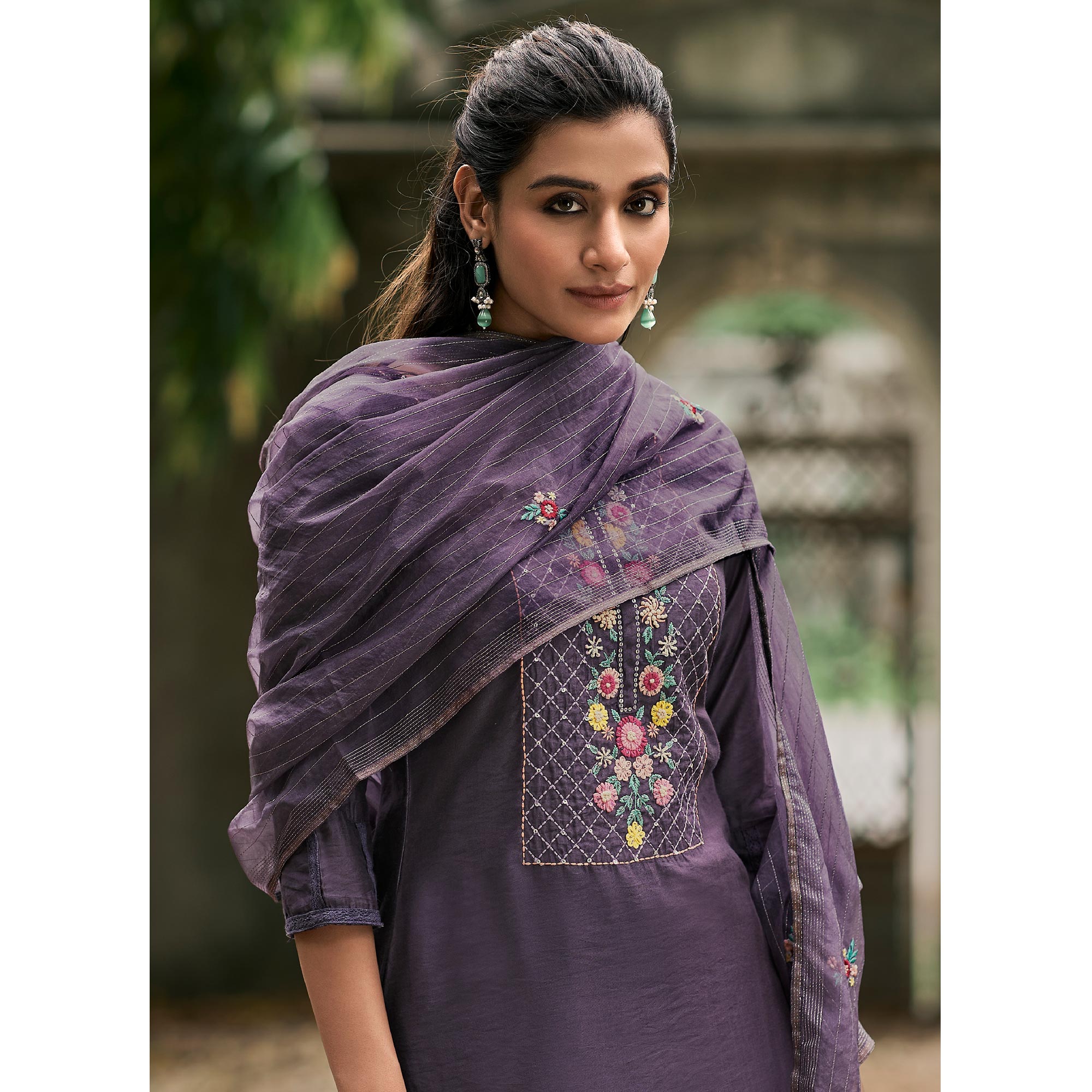 Purple Floral Embroidered Cotton Silk Suit