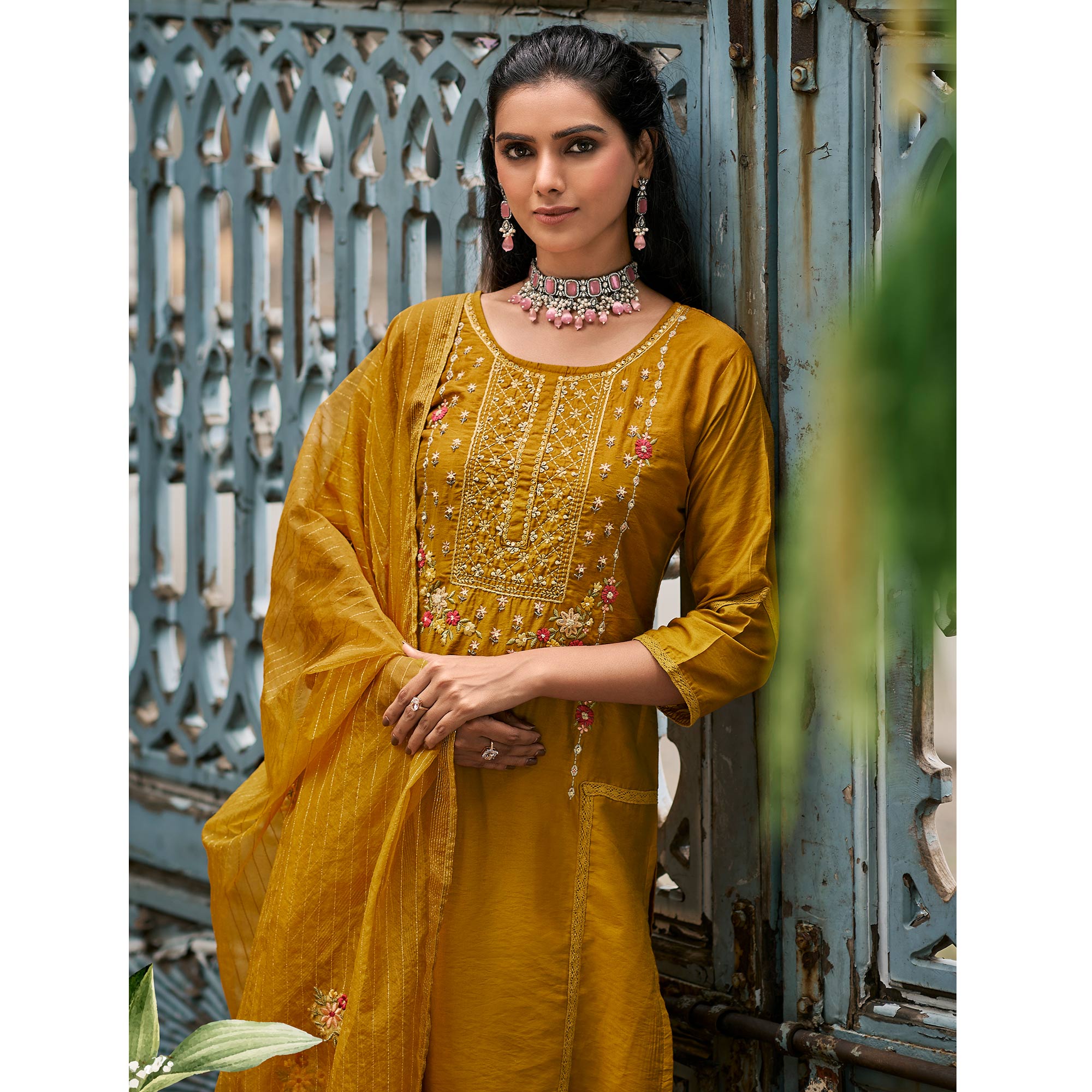 Mustard Floral Embroidered Cotton Silk Suit