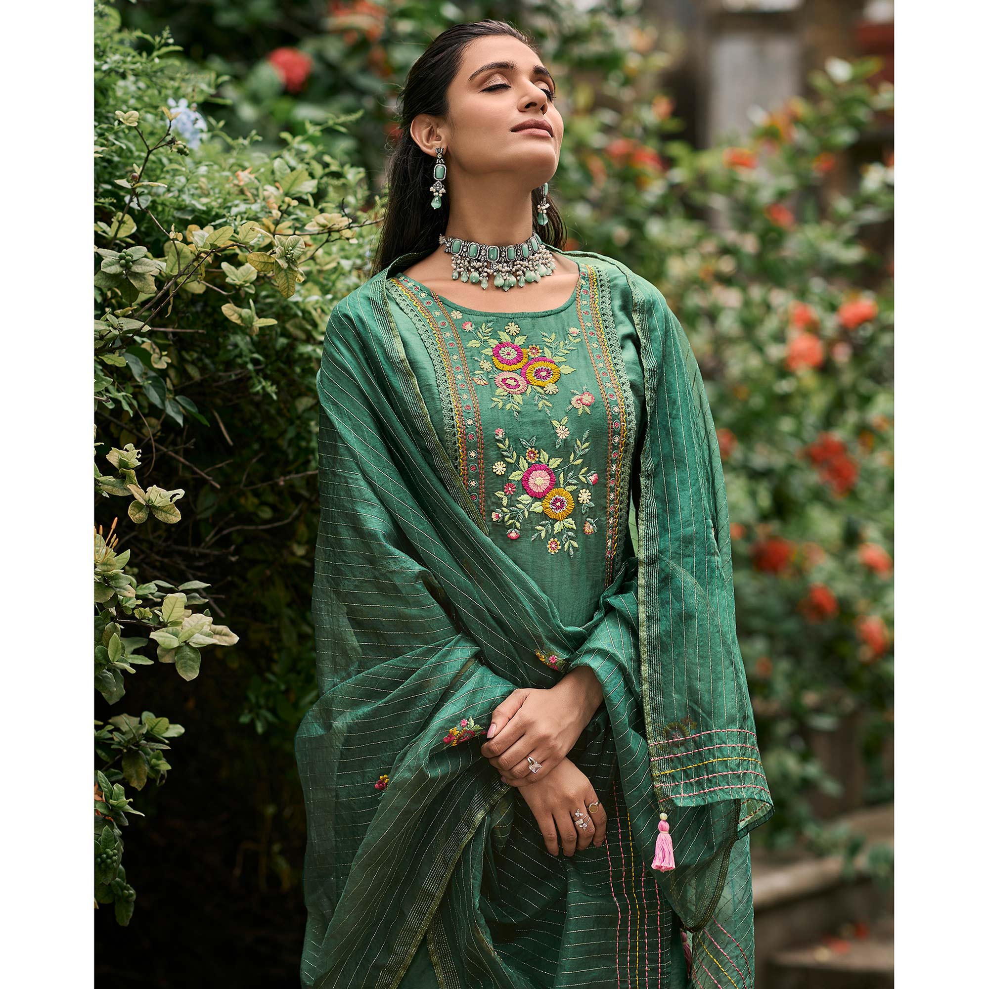 Green Floral Embroidered Cotton Silk Suit