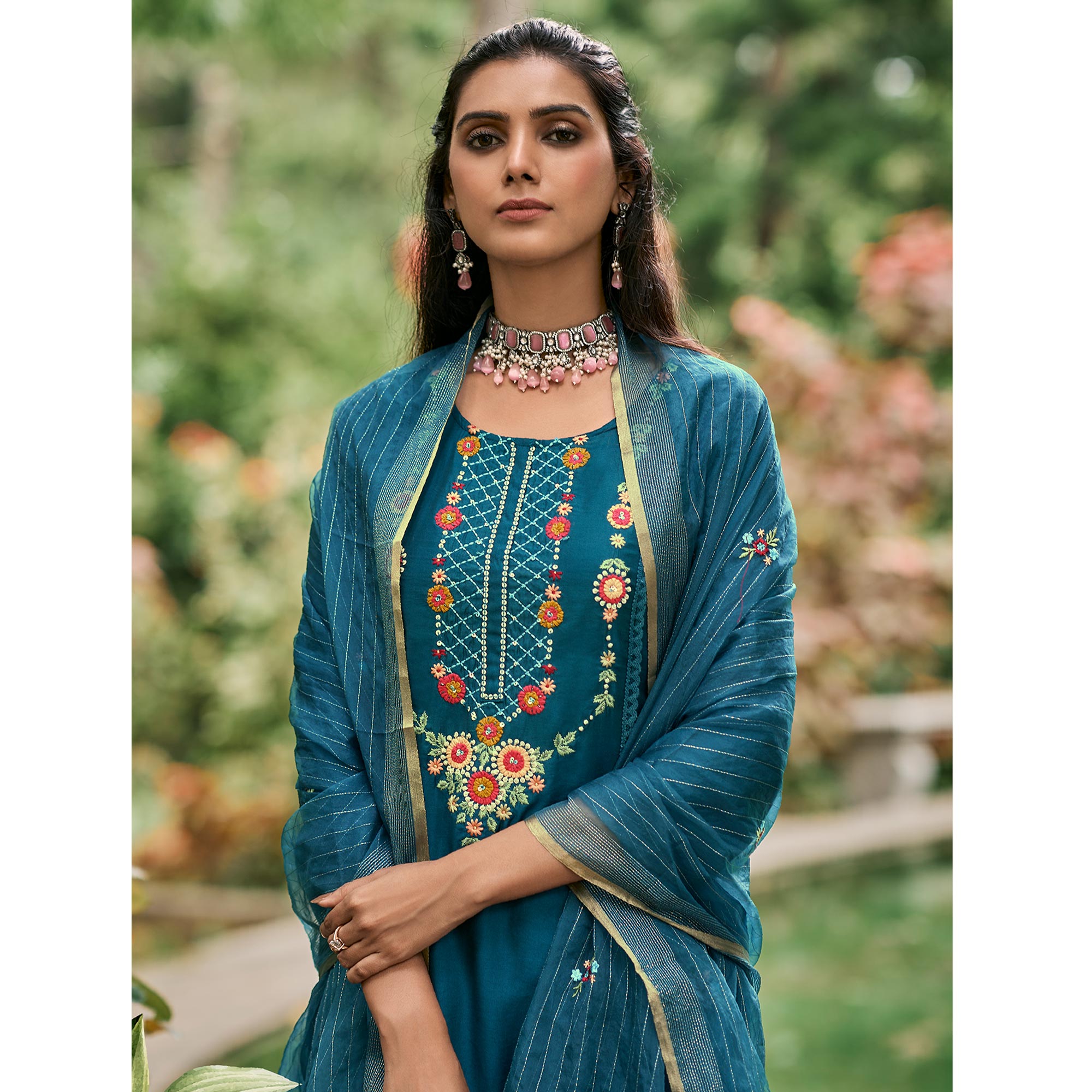 Blue Floral Embroidered Cotton Silk Suit