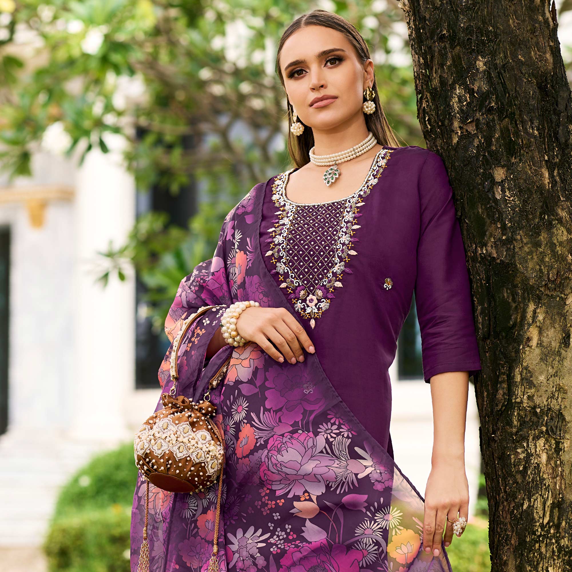 Purple Floral Embroidered Chanderi Silk Suit